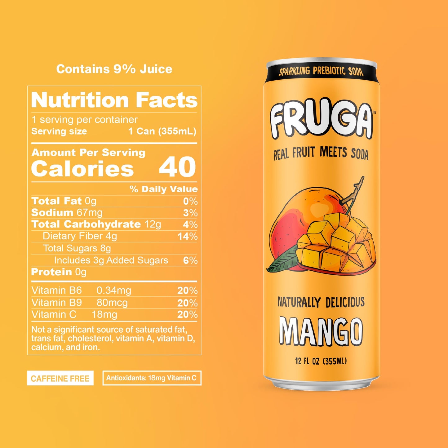 FRUGA Mango Prebiotic Sparkling Soda Drink | Low Calorie, 12 Fl Oz (Pack of 12)