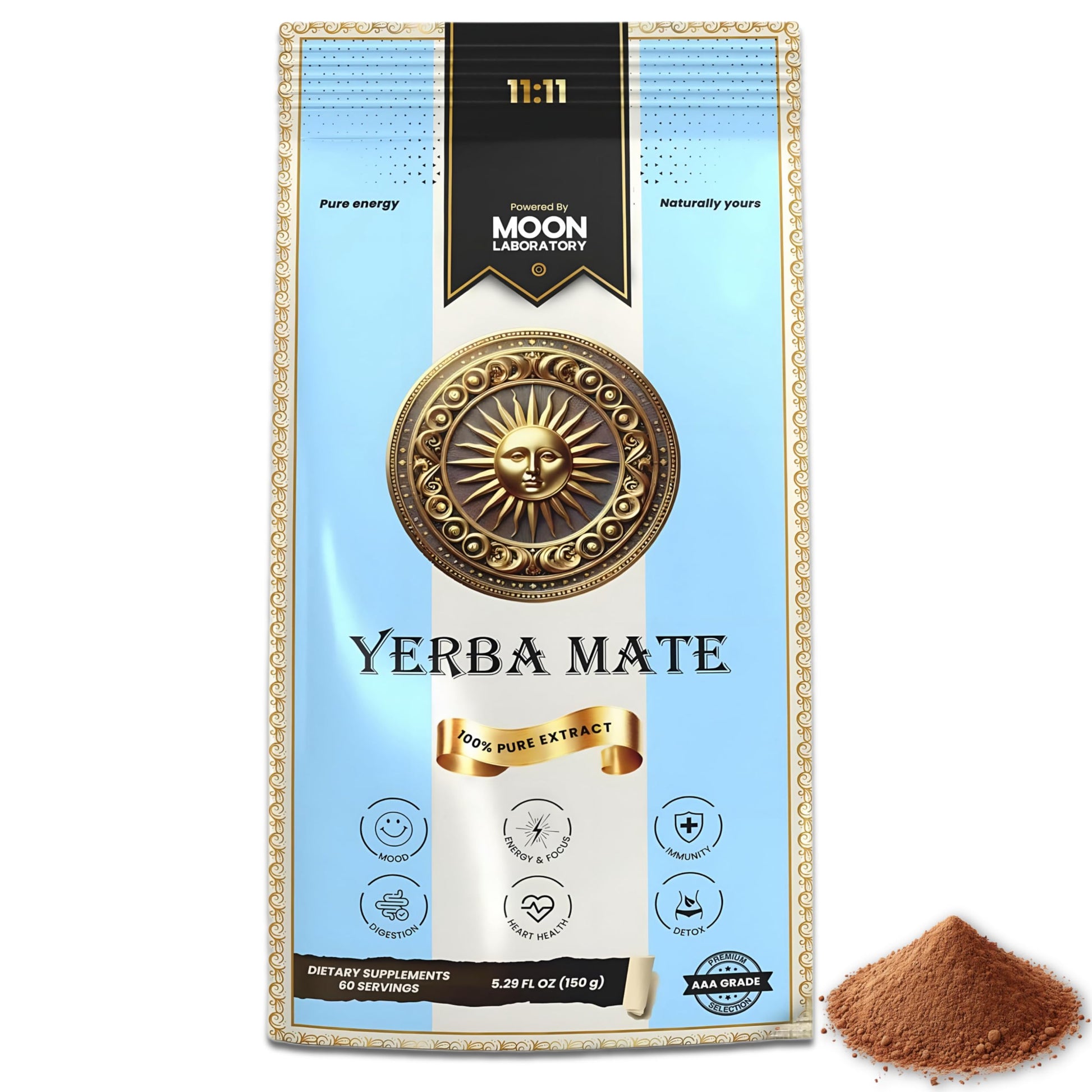 Top-Grade Quality Yerba Mate Tea Powder - 100% Pure 10:1 Extract For Clean Energy  Focus  Metabolism & Heart Health. Antioxidant-Rich  Vegan  Non-Gmo  Unroasted & Unflavored. 150G (60 Servings)