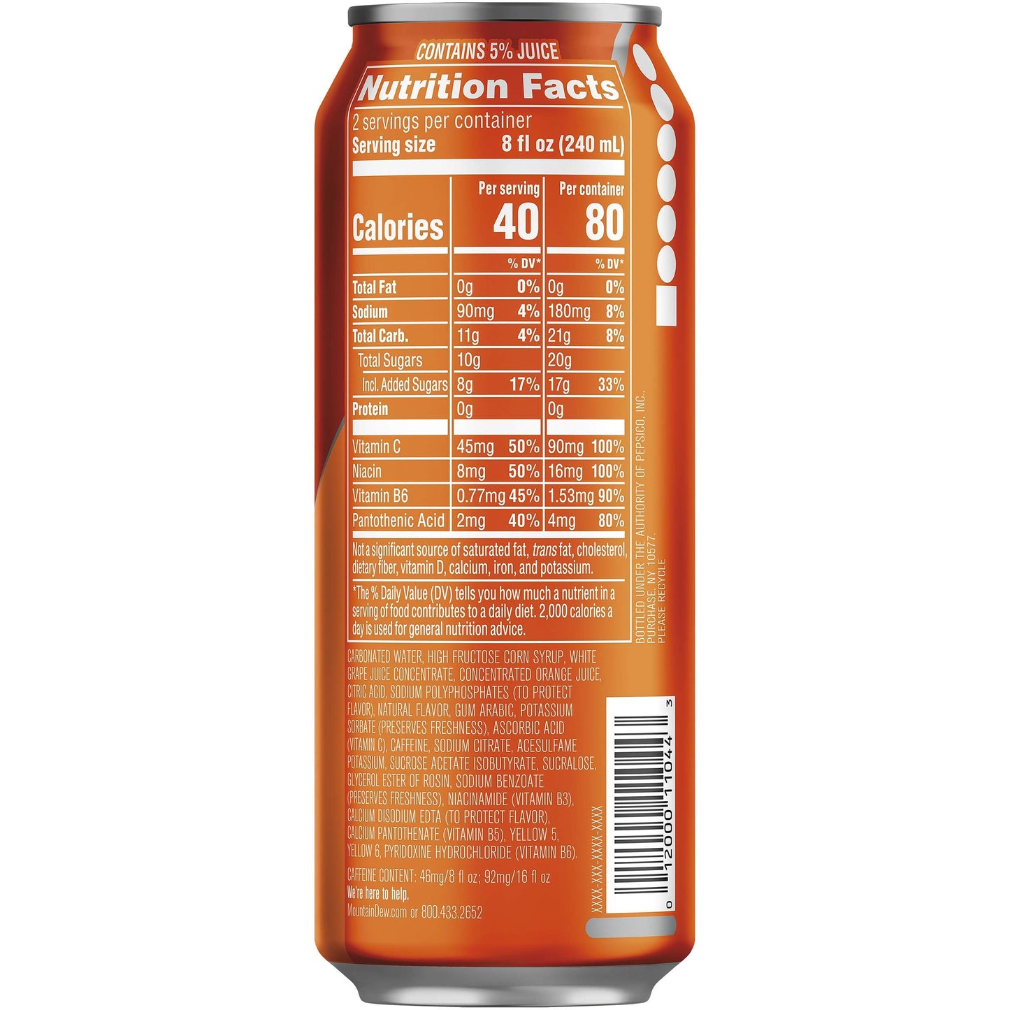 Mountain Dew Kickstart Orange Citrus Drink, 92mg Caffeine, 80 Calories, 16 Fl Oz, Pack of 12