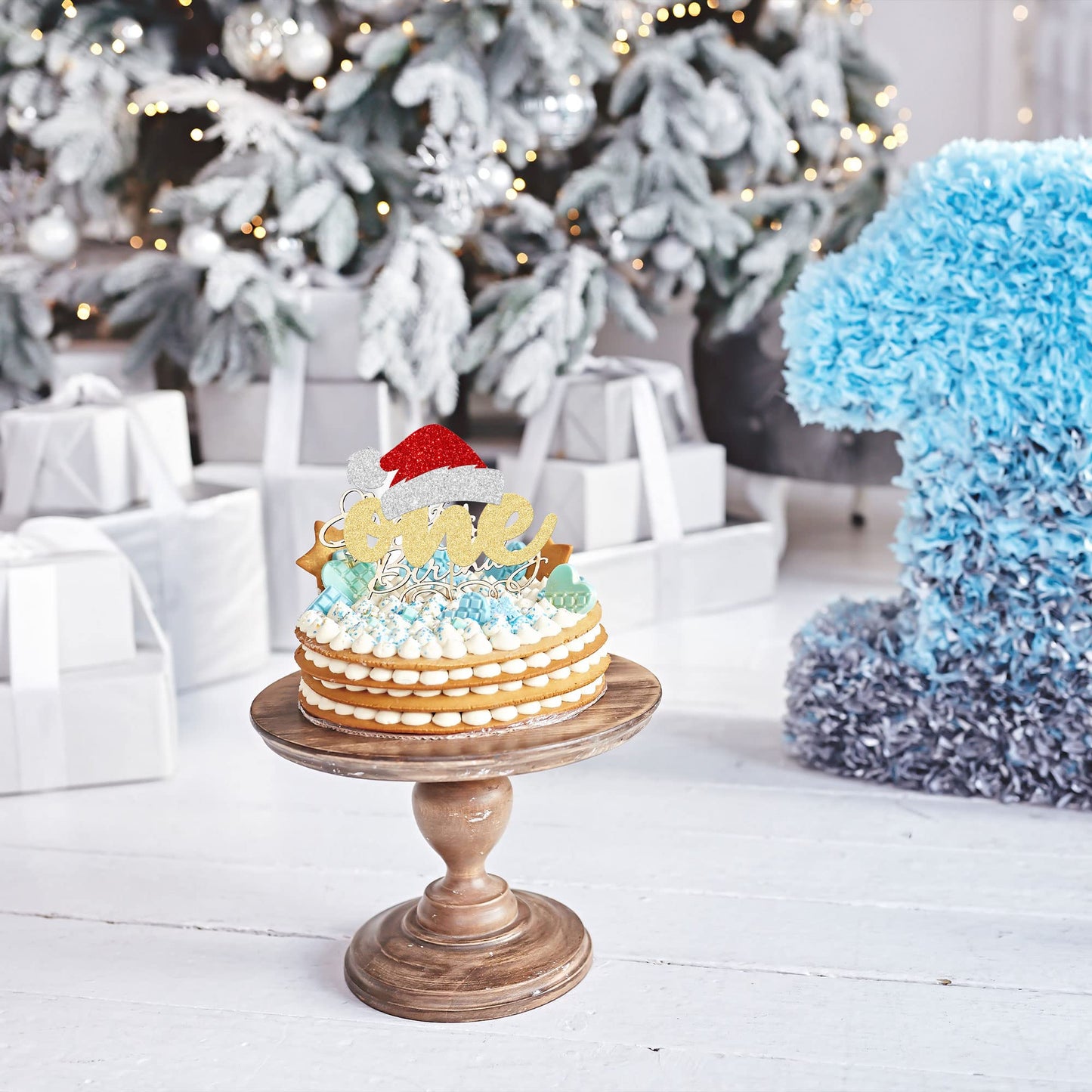 1Pc Christmas One Cake Topper Glitter Santa Hat First Birthday Cake Topper Decorations For Winter Christmas First Birthday Babys