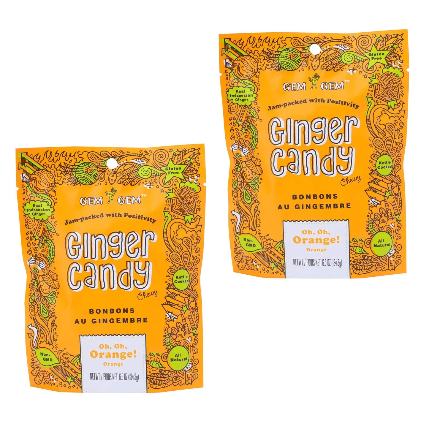 Gem Gem Ginger Candy Chewy Ginger Chews (Orange, 6.5oz, Pack of 2)