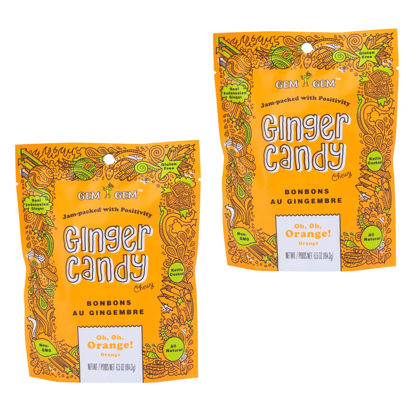 Gem Gem Ginger Candy Chewy Ginger Chews (Orange, 6.5oz, Pack of 2)