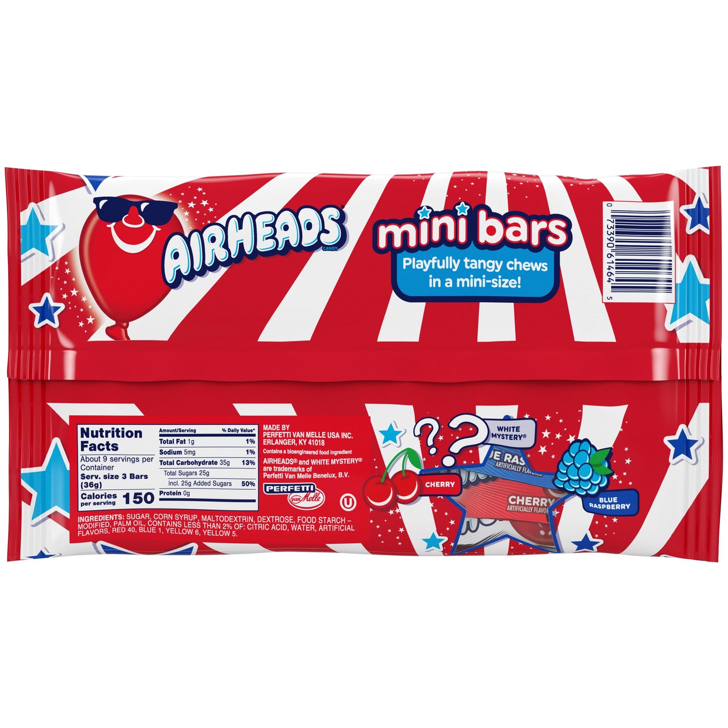 Airheads Mini-Size Bars Red, White & Blue, Taffy Candy Assorted Bag, Individually Wrapped Candy, Three Assorted Flavors, 12Oz