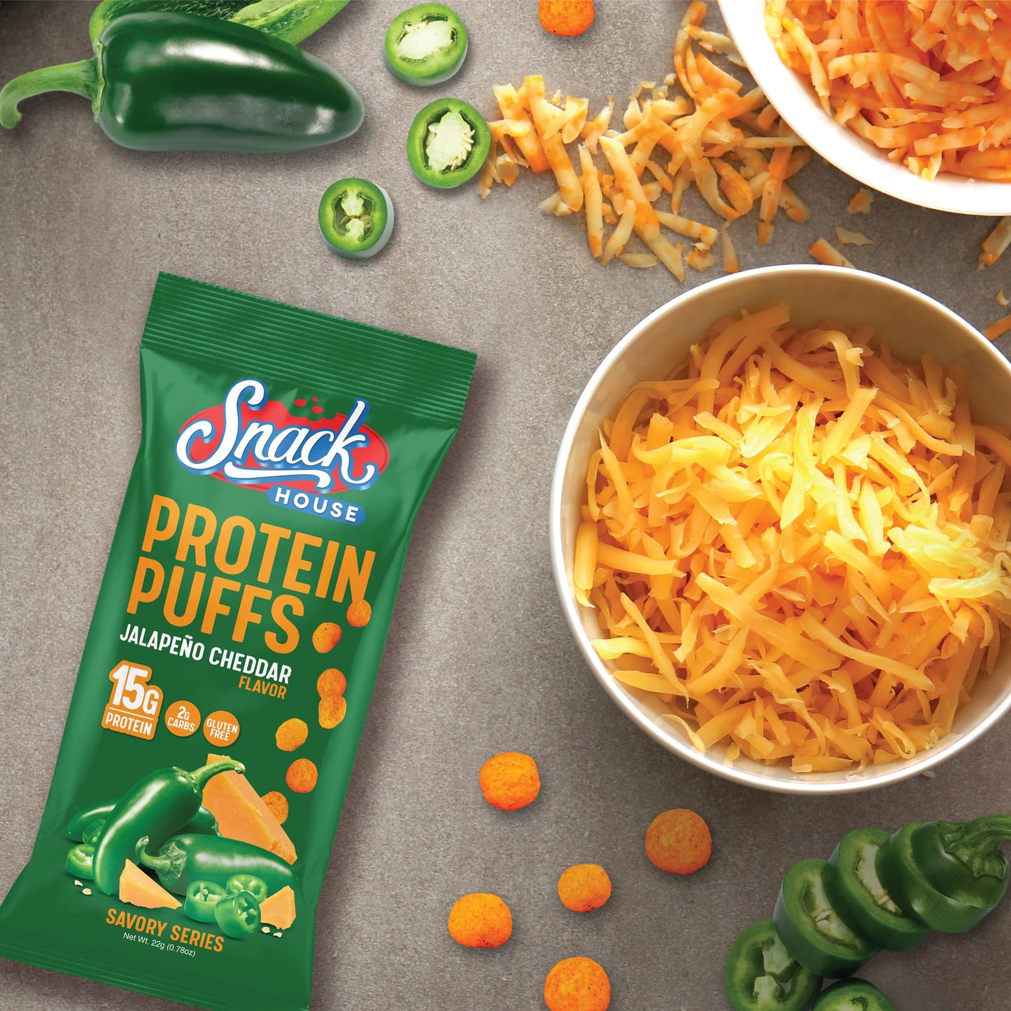 Snack House High Protein Puffs - Jalapeno Cheddar Flavor, Low Carb, 15g Protein, 5.5oz Pack, Gluten & Grain Free, Keto Friendly
