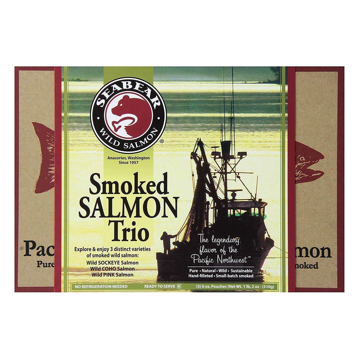 SeaBear Smoked Salmon Gift Box – Wild Alaska Sockeye, Pink & Coho Fillets, 18oz (3 x 6oz) – Ready to Eat, Shelf Stable