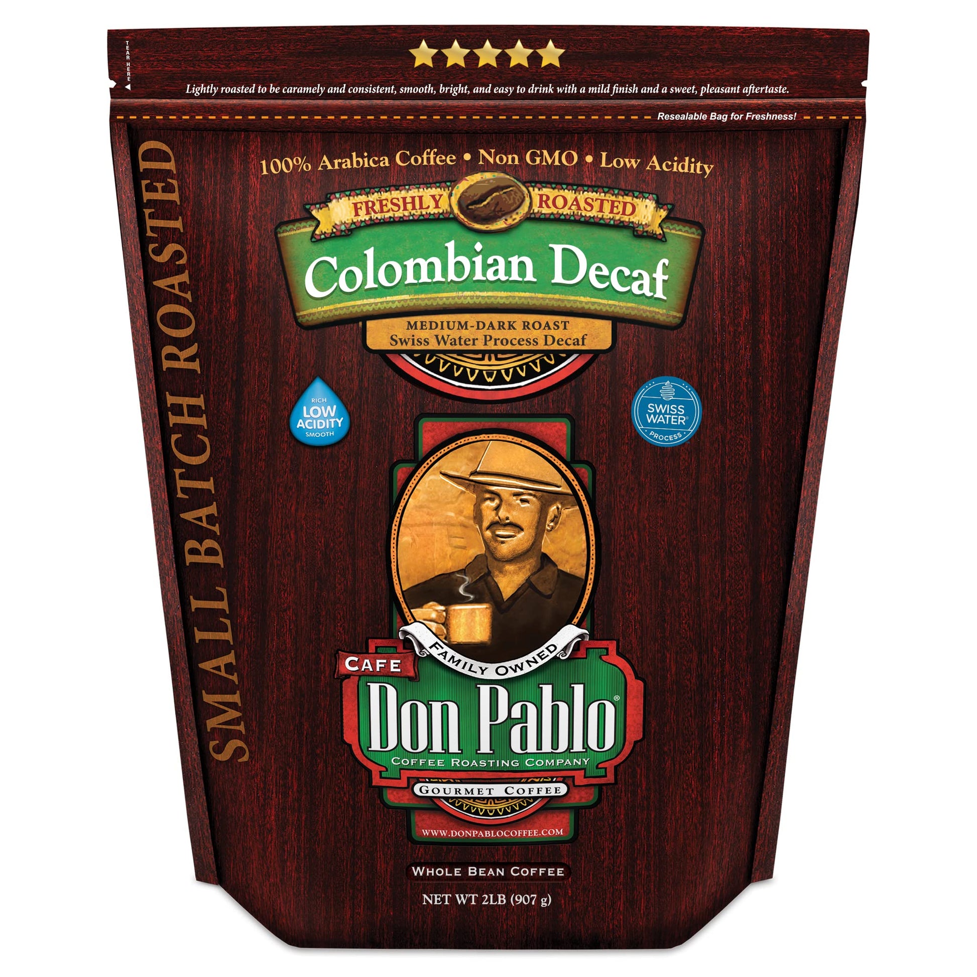 2Lb Don Pablo Colombian Decaf - Swiss Water Process Decaffeinated - Medium-Dark Roast - Whole Bean Coffee - Low Acidity - 2 Poun
