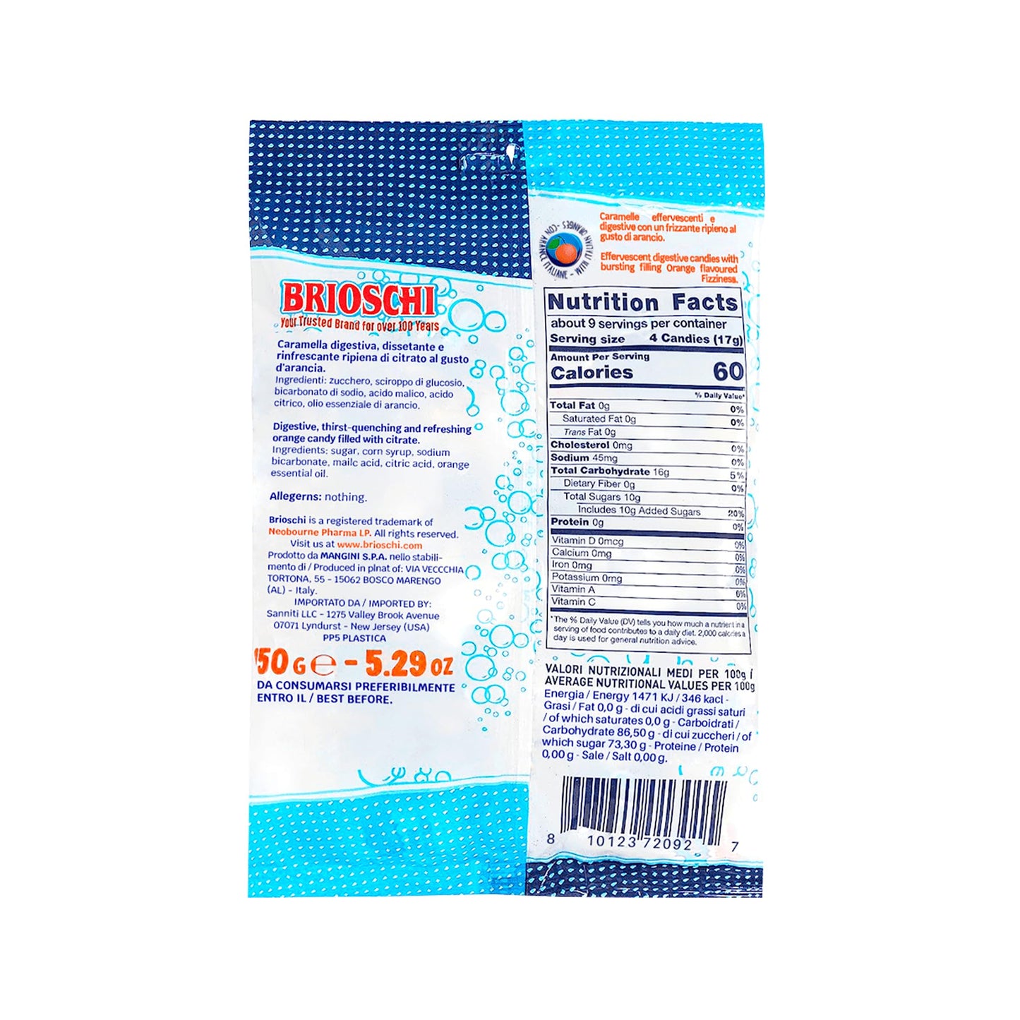 Brioschi Orange Flavored Effervescent Fizzy Digestive Italian Candies (5.29 Oz)