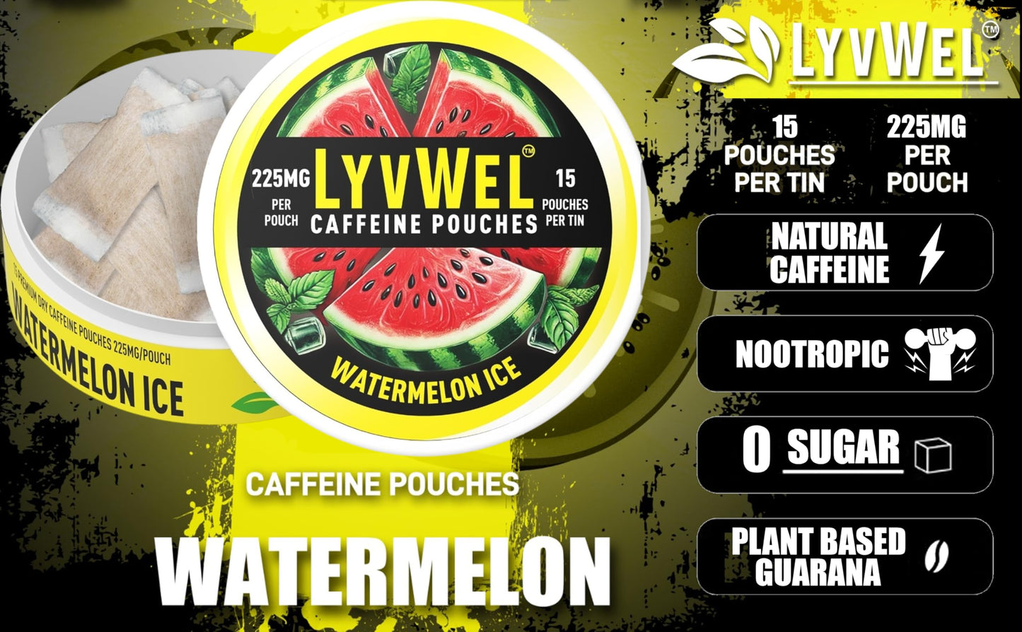 Lyvwel Ultra Caffeine Pouch – Watermelon – 225Mg Natural Caffeine With Guarana – Juicy Energy Boost For Focus & Hydrated Vibes – 1-Pack (15 Pouches)