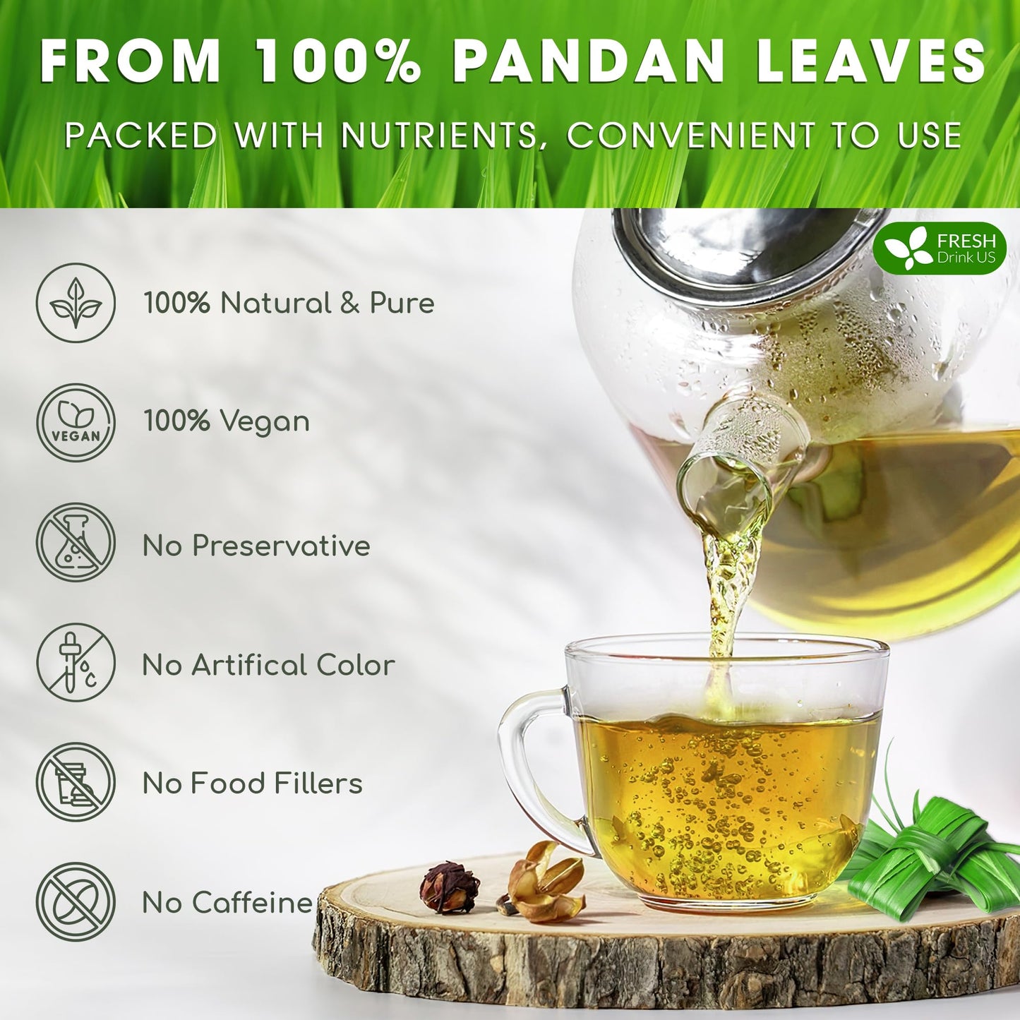 FRESHDRINKUS Premium Pandan Leaf Herbal Tea Bags, 100% Natural, Caffeine-Free, 30 Bags