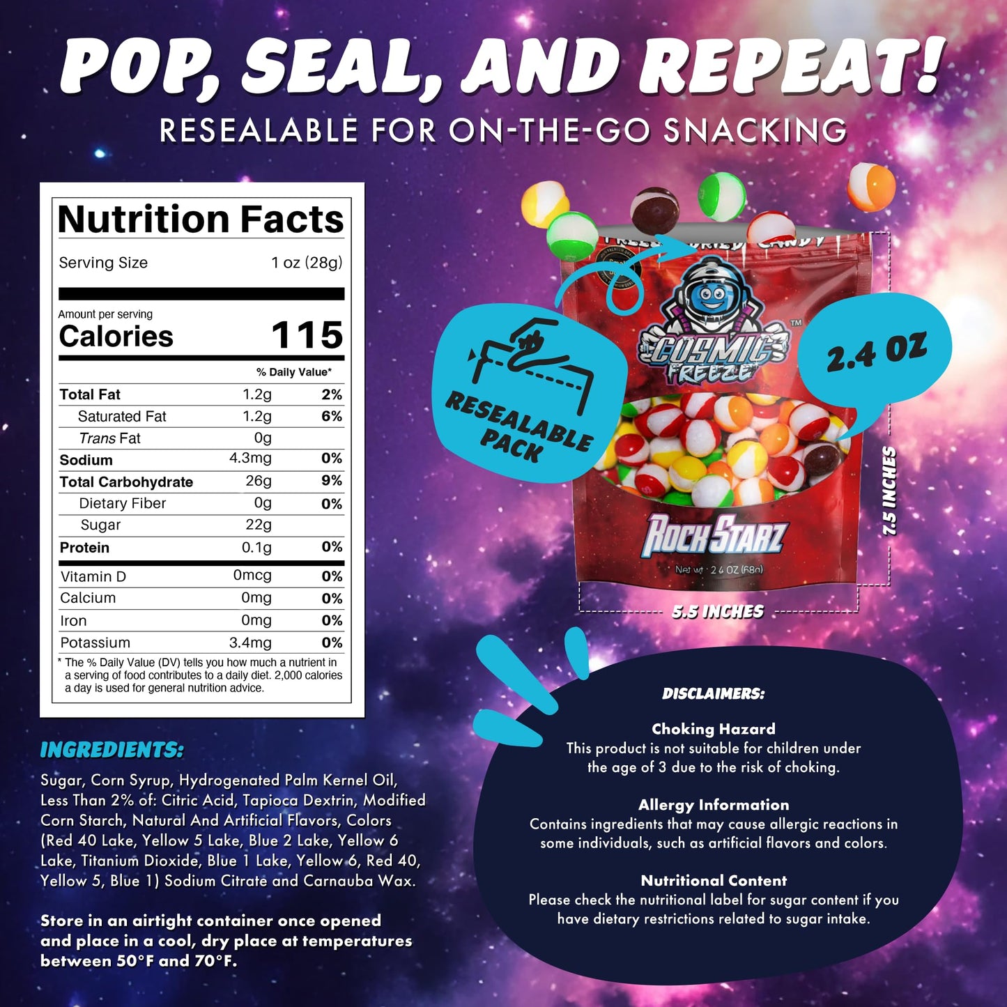 Cosmic Freeze Rock Starz Dried Candy, Crunchy Dry Candy For Mix-In Snacks Dried, Gluten-Free, Made In Usa, 2.4 Oz, 3-Pack