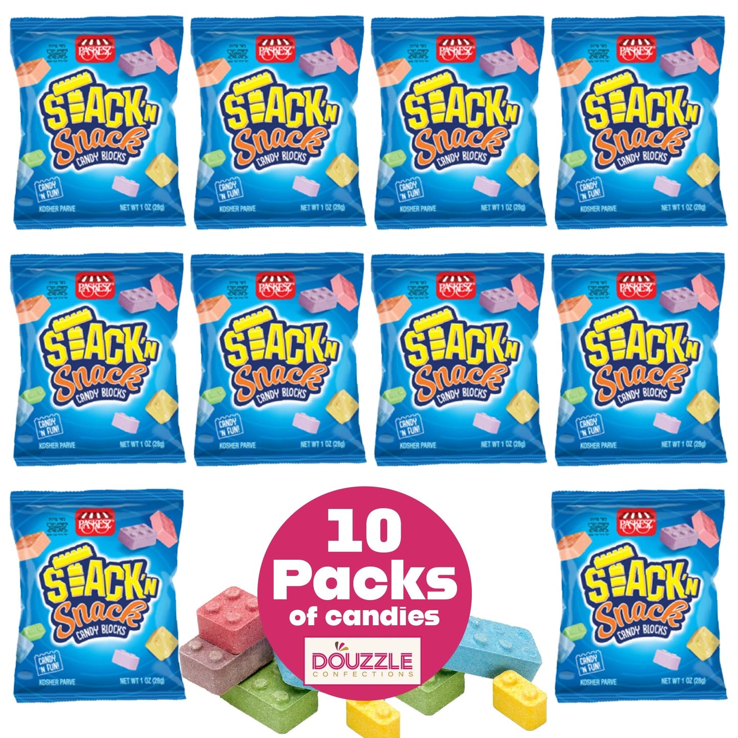 Douzzle Stack 'N Snack Candy Blocks, Edible Building Bricks Blox (10 Count, Pack Of 1) Individually Wrapped Candies, Birthday Pa