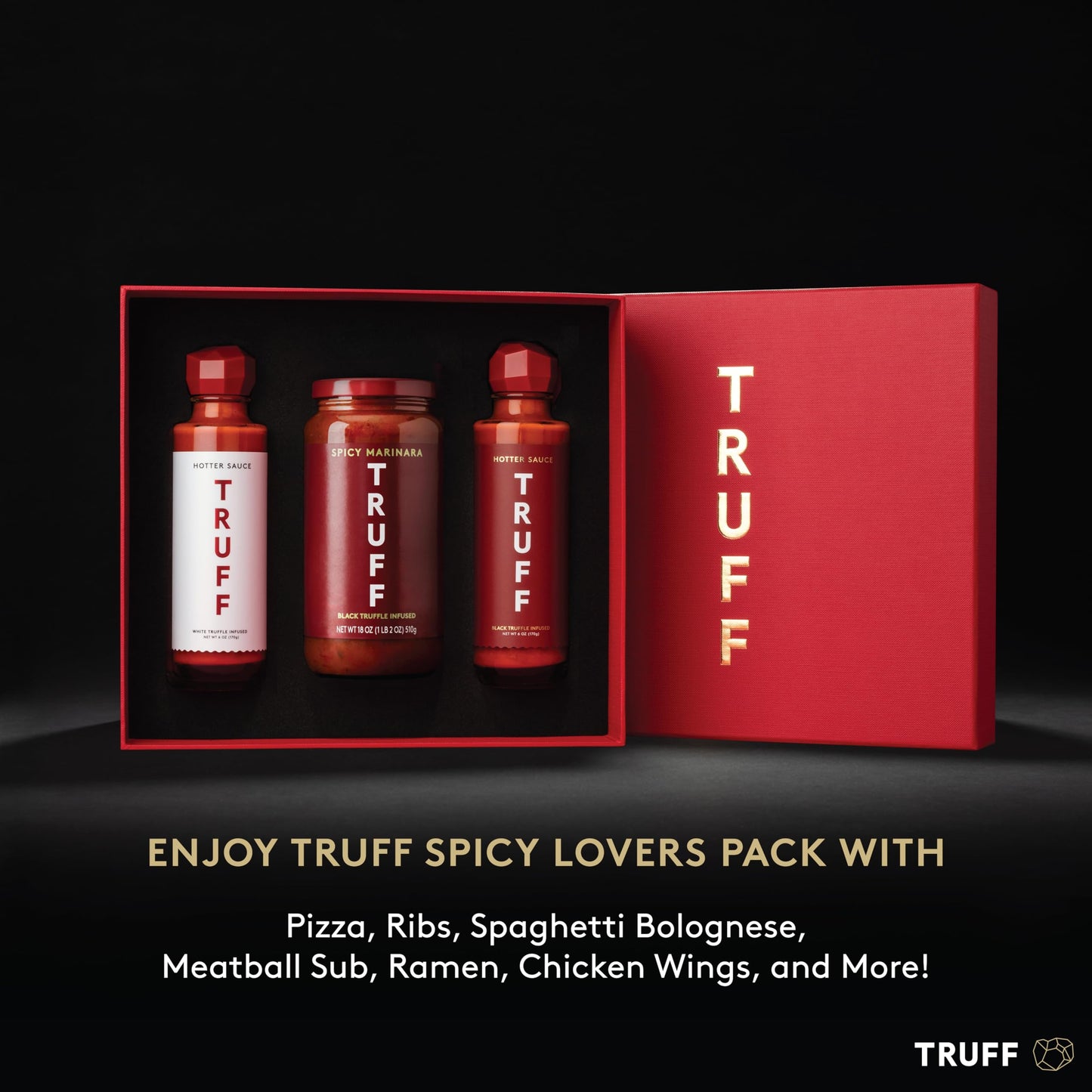 TRUFF Spicy Lovers Pack - TRUFF Hotter Sauce, TRUFF White Hotter Sauce, and TRUFF Black Truffle Arrabbiata Pasta Sauce - Spicy T