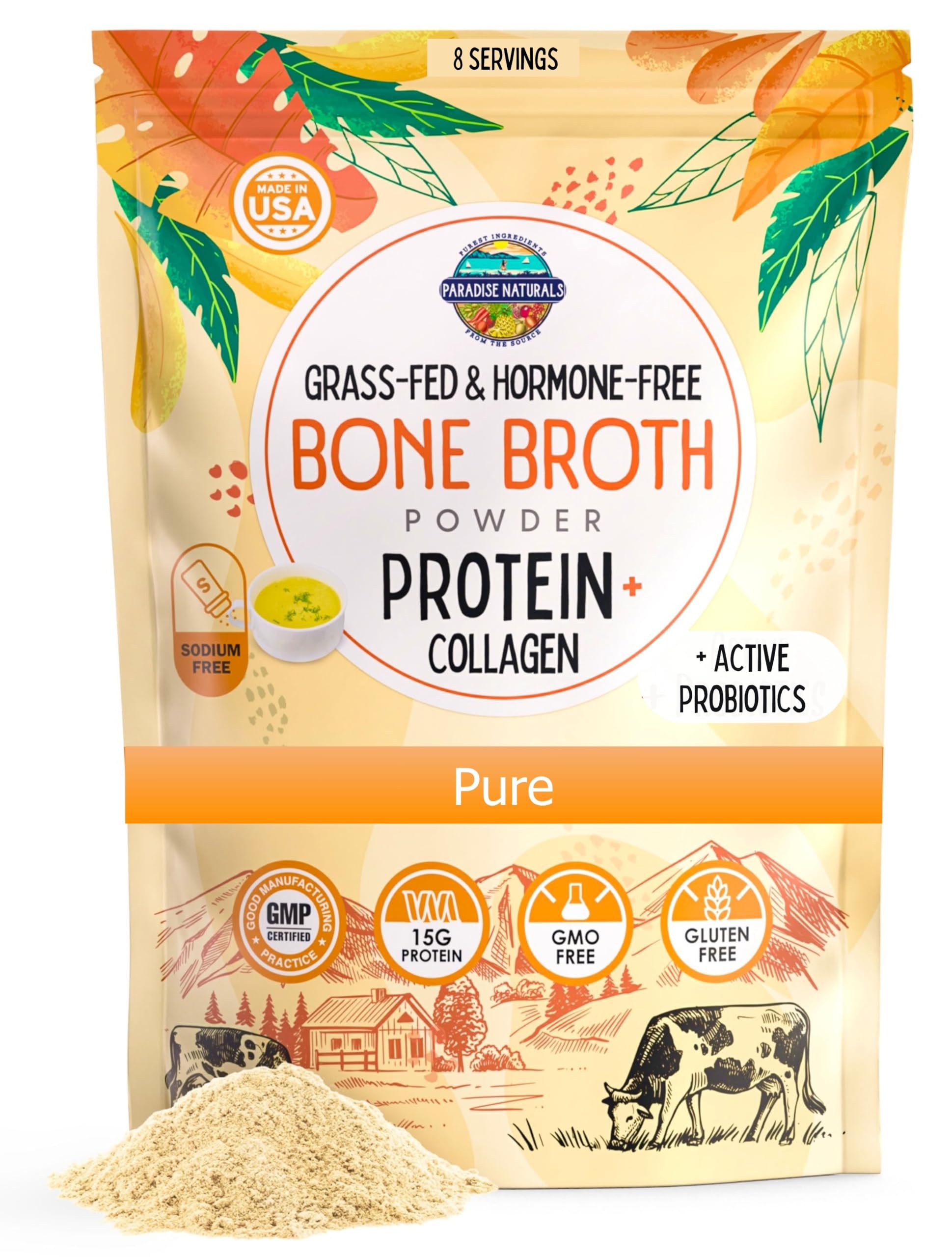 Paradise Naturals 100% Grass-Fed Organic Beef Bone Broth Protein Powder, Active Probiotics, Collagen Peptide Rich, 15g Protein, 