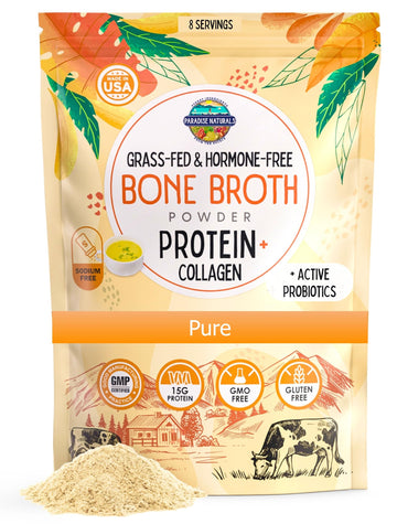 Paradise Naturals 100% Grass-Fed Organic Beef Bone Broth Protein Powder, Active Probiotics, Collagen Peptide Rich, 15g Protein, 