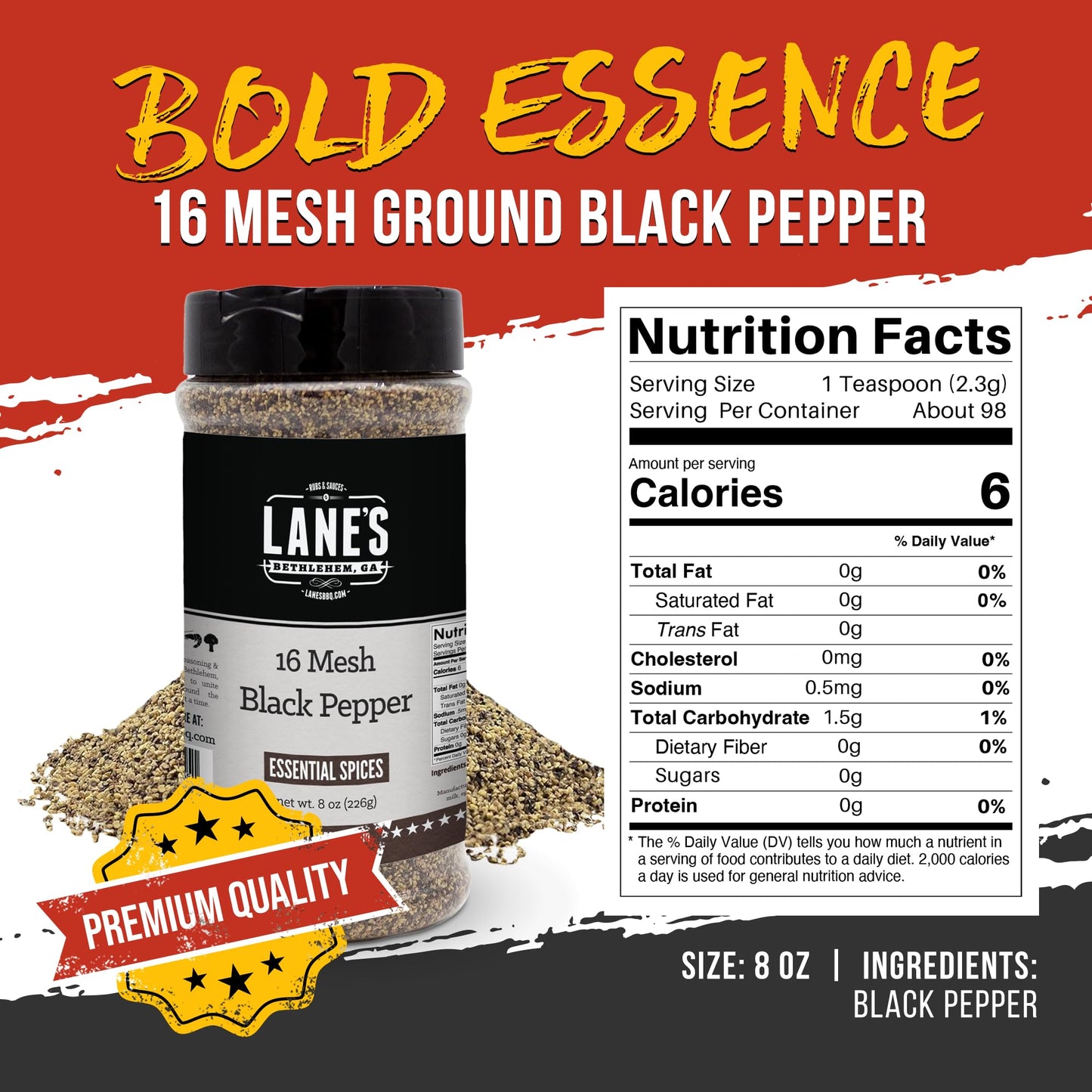 Lane'S 16 Mesh Ground Pepper Seasoning, All-Natural Coarse Black Pepper Ground Spice, No Preservatives Coarse Ground Black Peppe