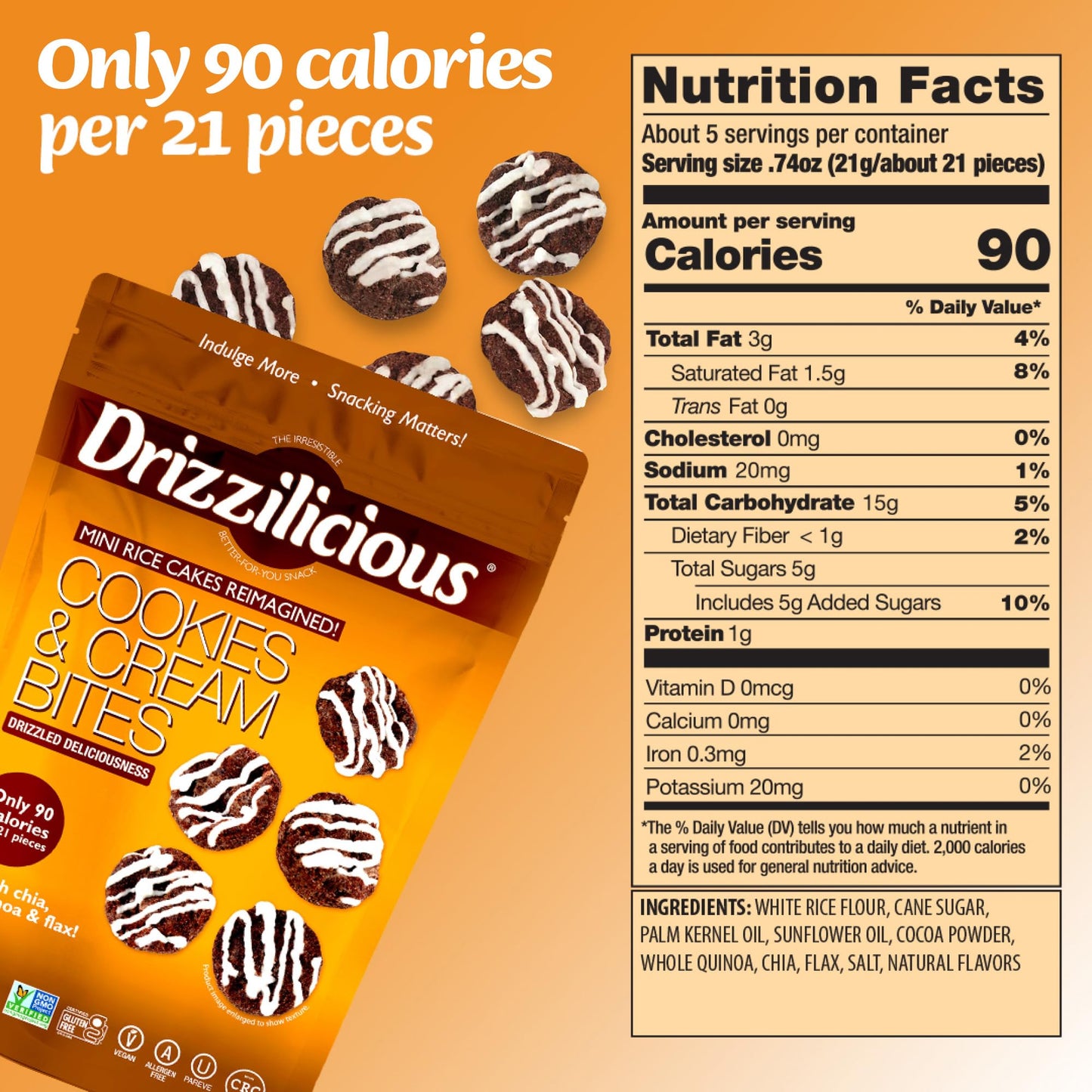 Drizzilicious Mini Rice Cakes Cookies & Cream - Rice Crisps, Healthy Snack For Adults And Kids, Flavored Rice Cakes, Vegan, Glut