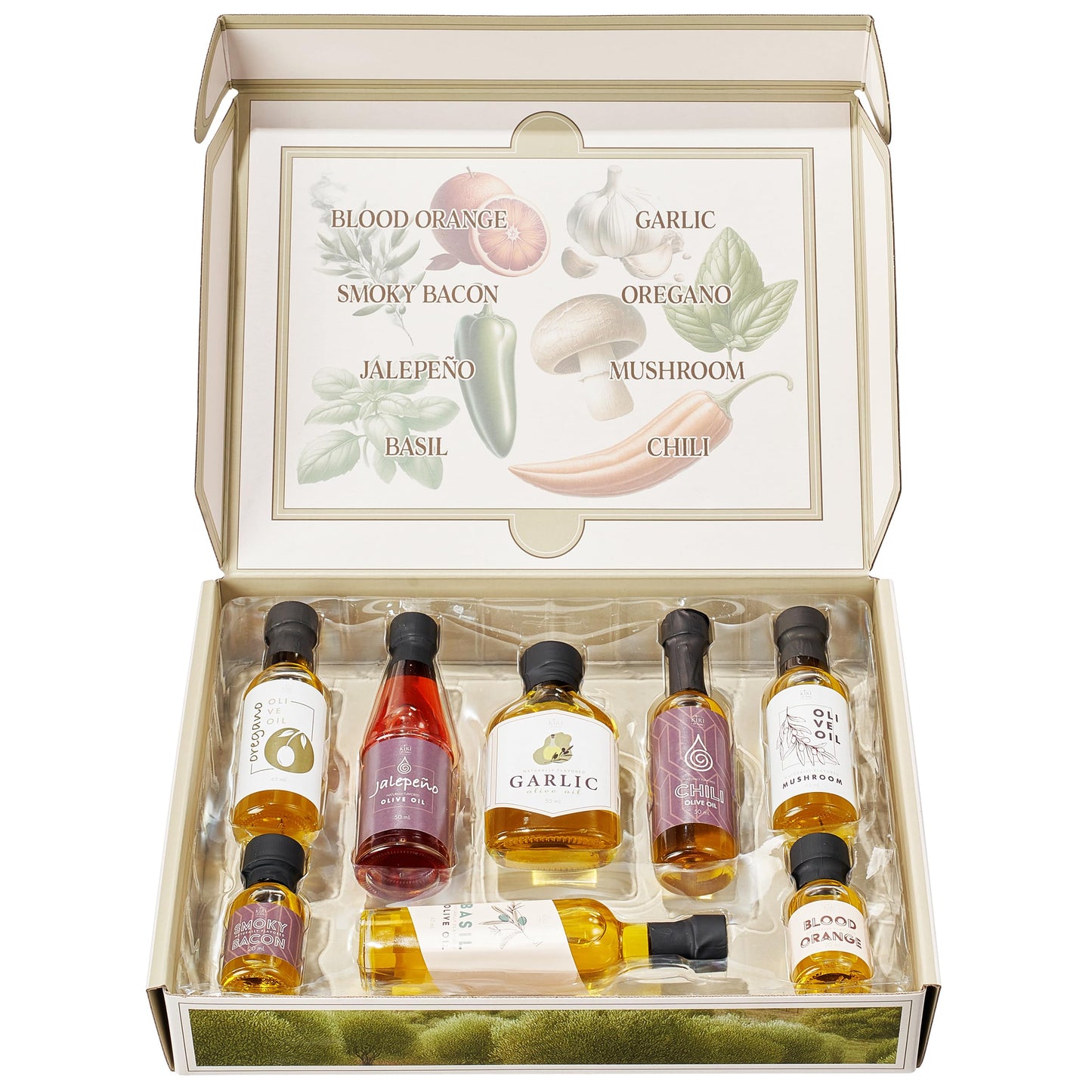 Kiri & Sons Olive Oil Gourmet Sampler Gift Set Of 8 - Premium Extra-Virgin Olive Oil Made In Spain, Natural Flavors Include Mush
