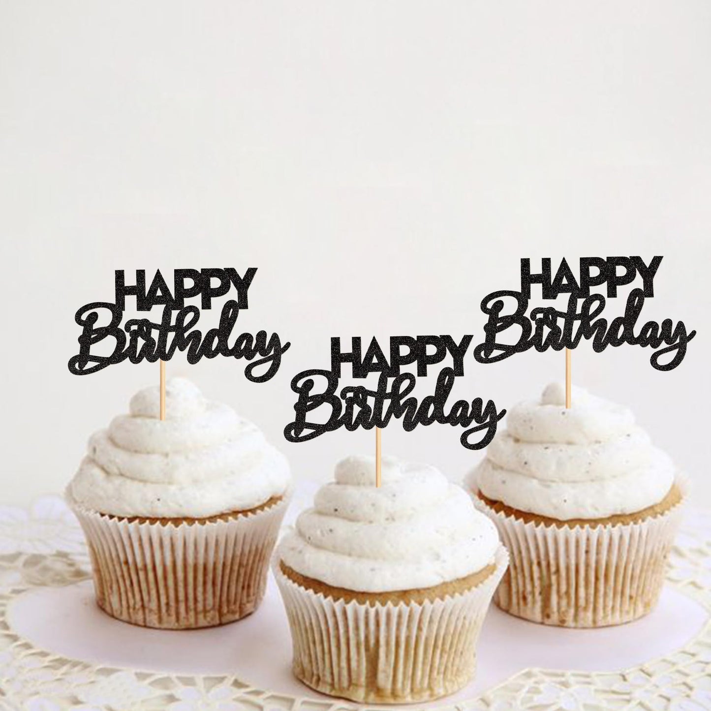 Ercadio 24 Pack Happy Birthday Cupcake Toppers Black Glitter Assembled Birthday Cupcake Picks Birthday Cake Picks For Baby Showe