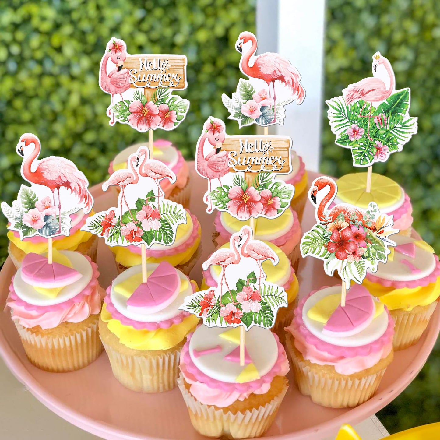 30 Pcs Flamingo Cupcake Toppers Double Sided Flower Tropical Aloha Luau Picks Hello Summer Cake Decorations For Hawaii Theme Bab