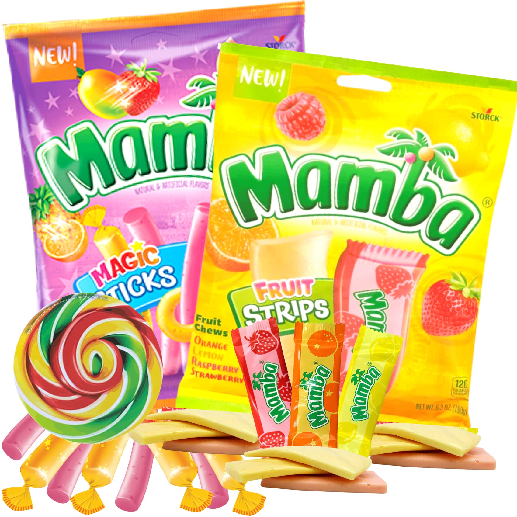 Mamba Candy Strips and Fruit Chew Sticks, Individually Wrapped Fruit Flavored Chewy Candies, Mixed Flavors Assortment Bags, Pack