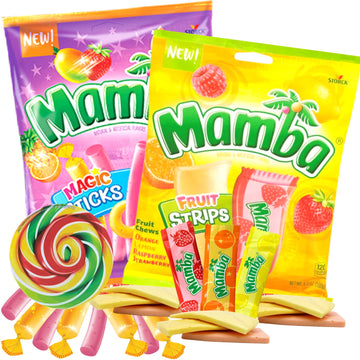 Mamba Candy Strips and Fruit Chew Sticks, Individually Wrapped Fruit Flavored Chewy Candies, Mixed Flavors Assortment Bags, Pack