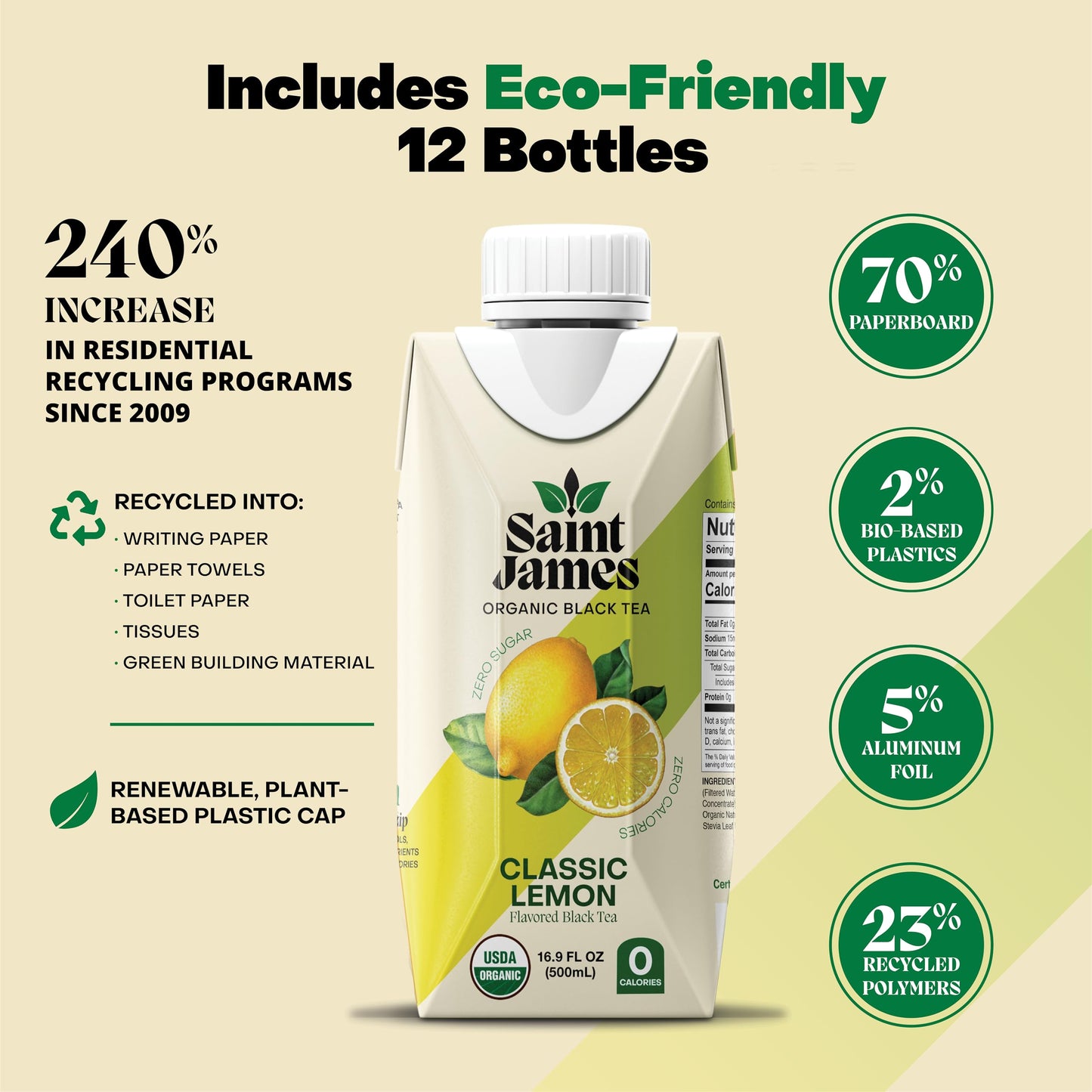Saint James Iced Tea - Organic Black Tea - Non-GMO, Gluten Free, Zero Calorie, Zero Sugar - Classic Lemon, 12 Pack (16 fl oz eac