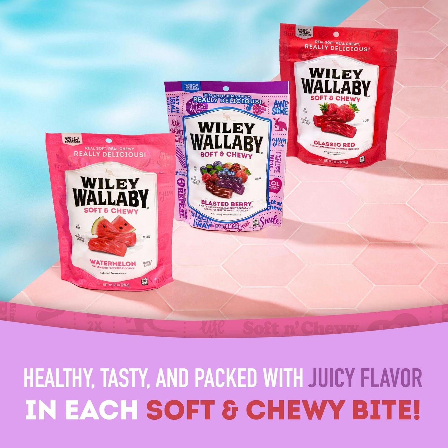 Wiley Wallaby Licorice 10 Ounce Classic Red, Watermelon, & Blasted Berry Gourmet Australian Style Soft & Chewy Licorice Candy Va