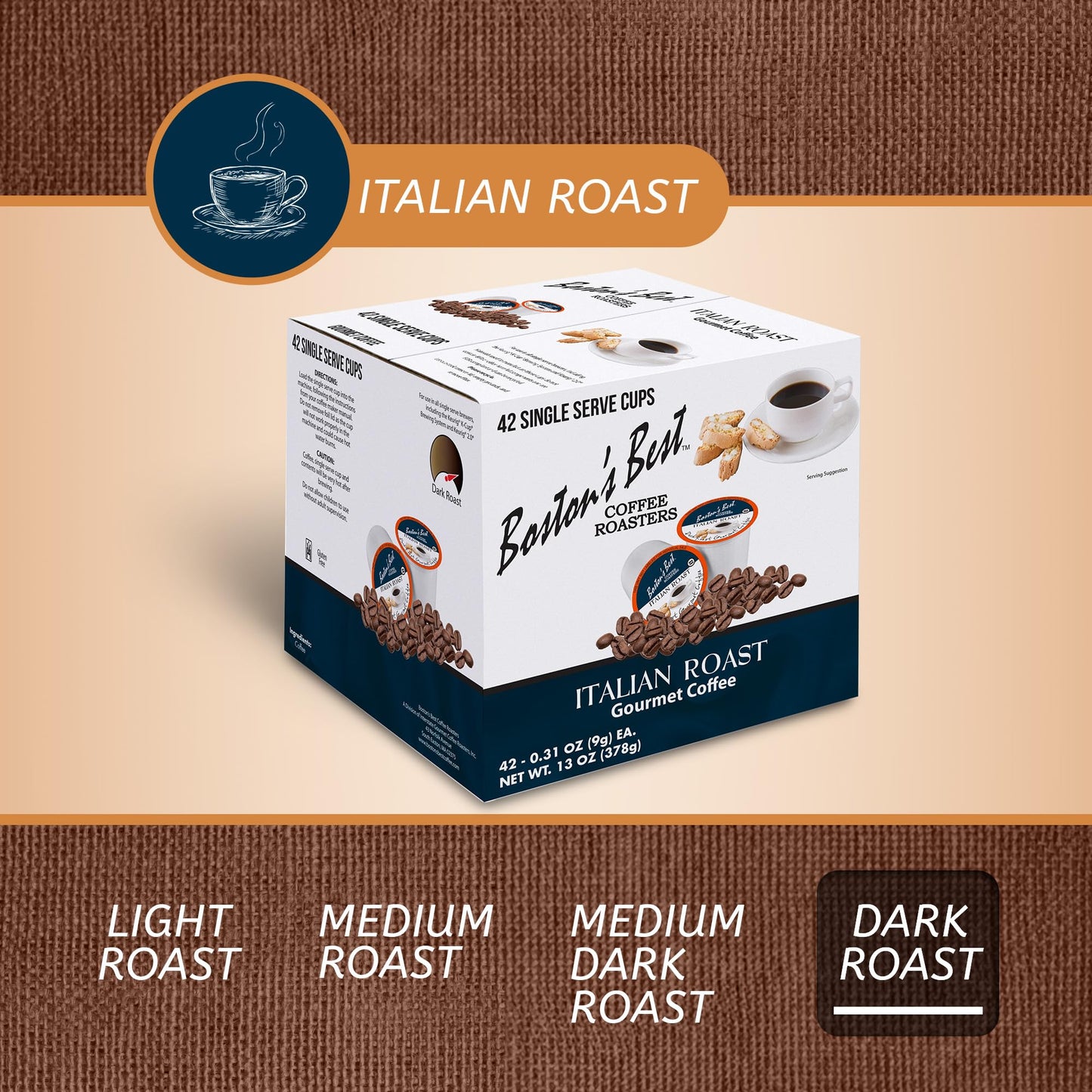 Bostons Best Italian Roast Gourmet Coffee, Dark Roast, 42 Single Serve Cups, Compatible with Keurig, Model 017809009875