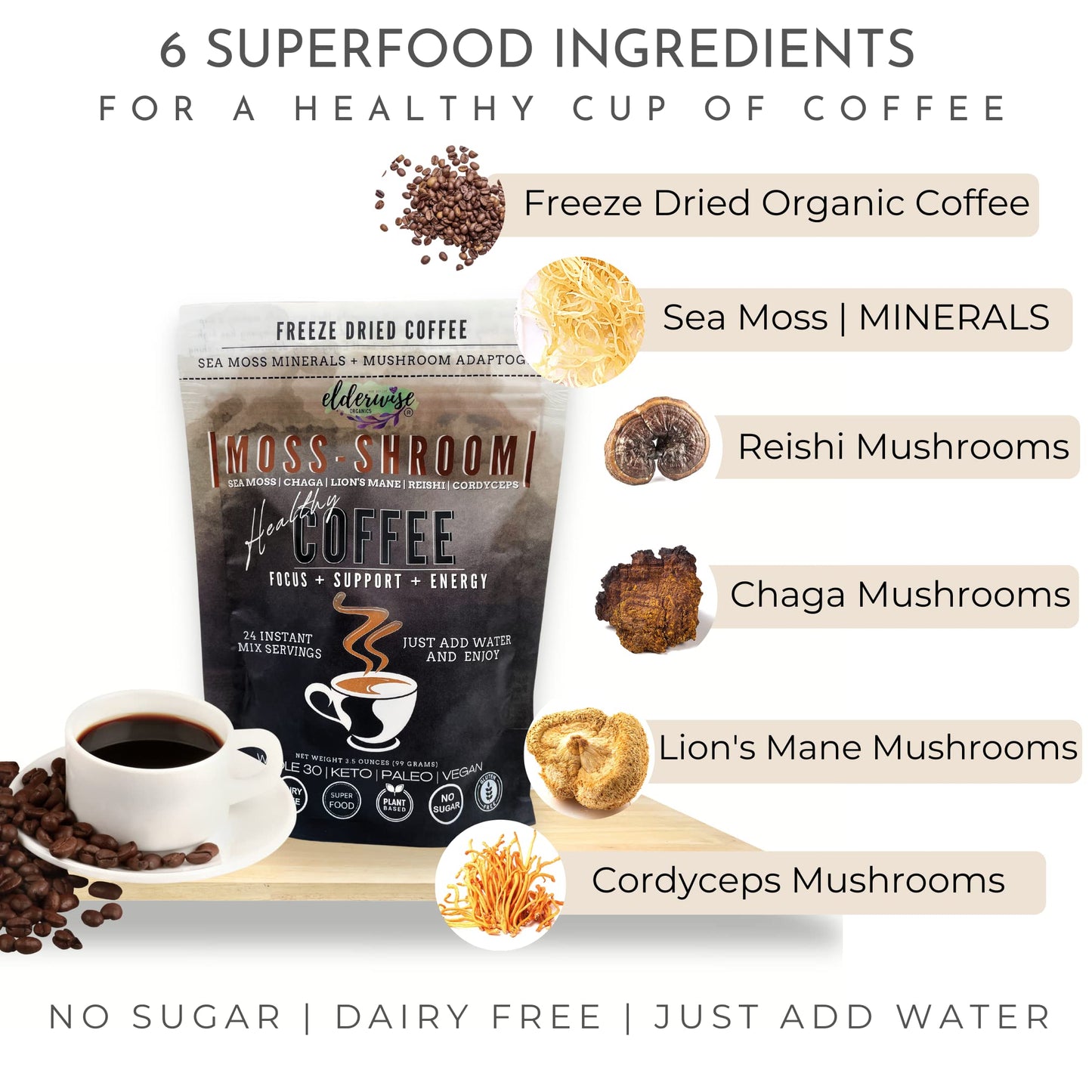 Elderwise Organics Coffee With Mushrooms & Sea Moss - Lion'S Mane, Chaga, Reishi & Cordyceps - 24 Servings - Healthy Coffee - Fr