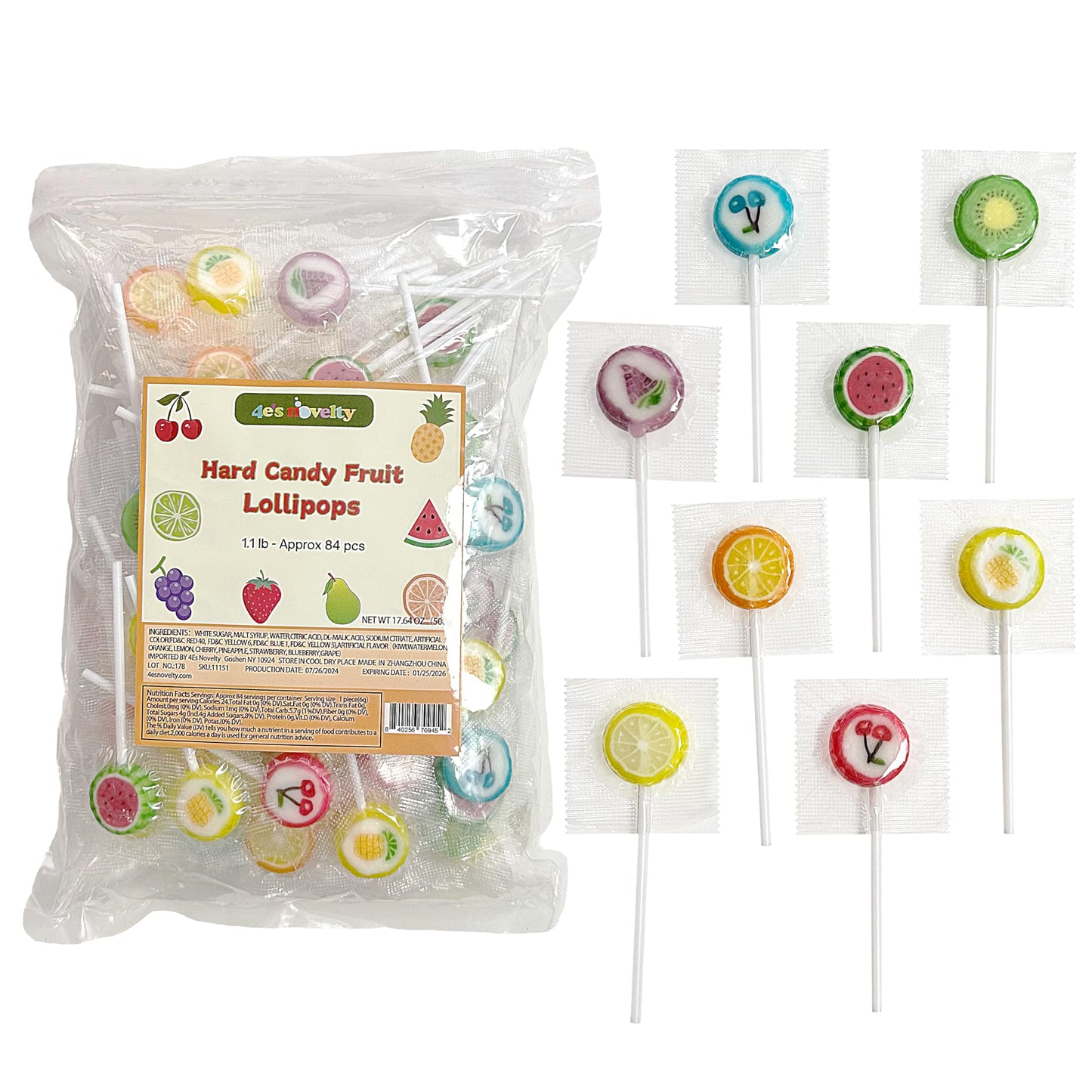 4E'S Novelty Fruit Lollipops - 1.1 Lb Hard Candy Assortment, Approx 84Pcs Lollipops Individually Wrapped For Candy Buffet, Kids