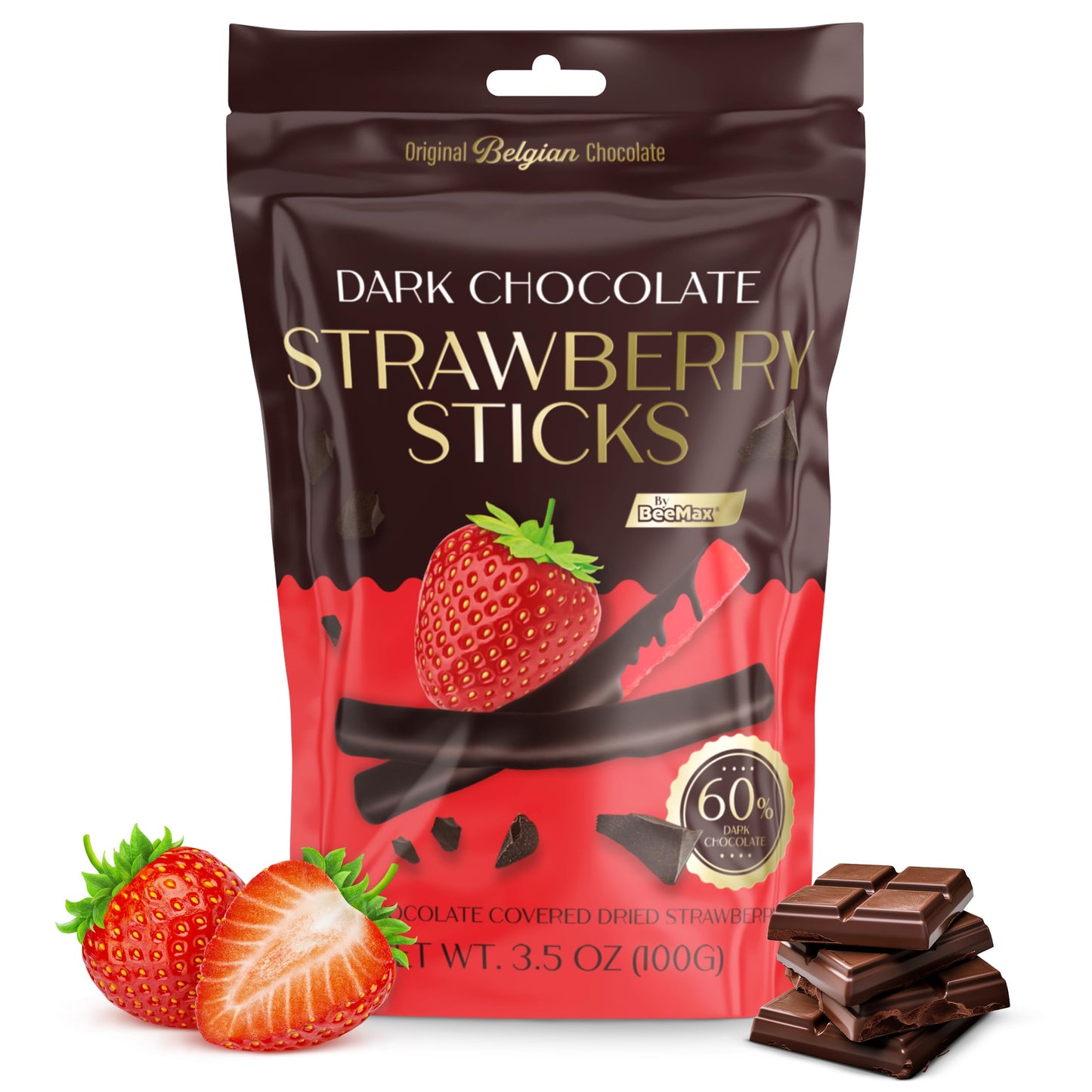 BEEMAX Belgian Chocolate Covered Fruit Sticks - Gourmet Dried Fruit Treat, 3.5 oz Pouch, Dark Chocolate, Non-GMO