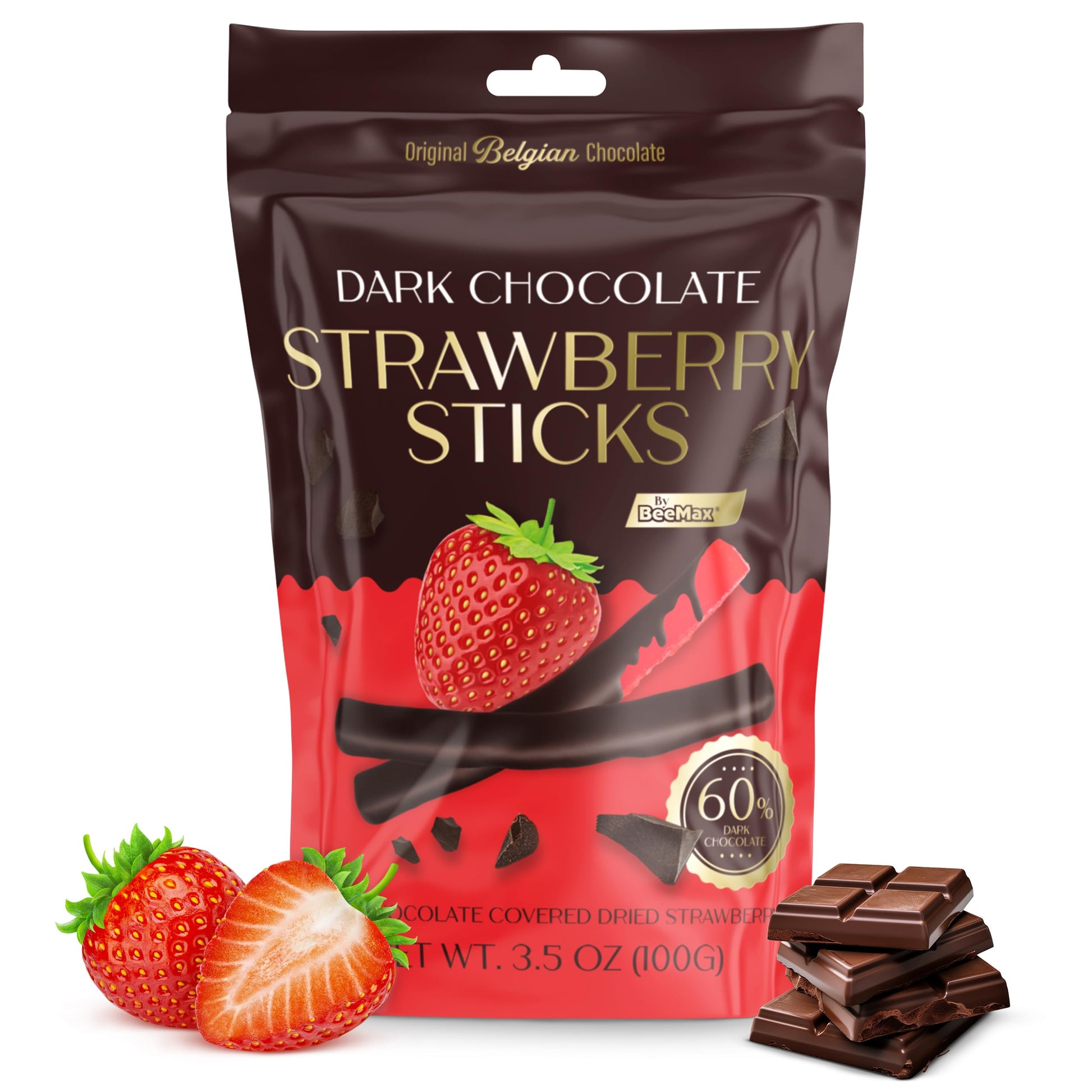 BEEMAX Belgian Chocolate Covered Fruit Sticks - Gourmet Dried Fruit Treat, 3.5 oz Pouch, Dark Chocolate, Non-GMO