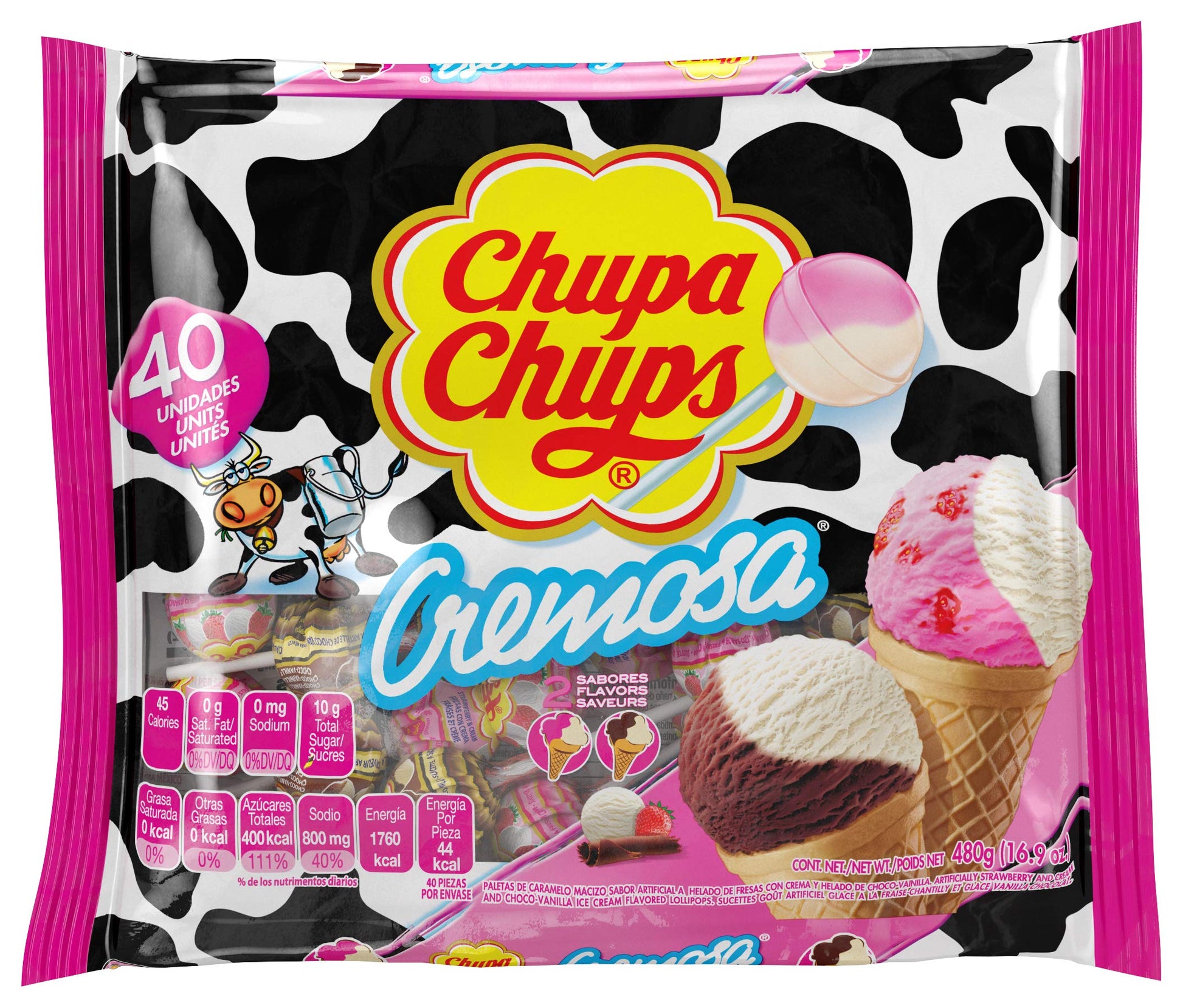 Chupa Chups Cremosa Lollipop Assortment, 2 Ice Cream Flavors, Individually Wrapped Candy For Kids, 16.9 Oz Bag (40 Suckers)