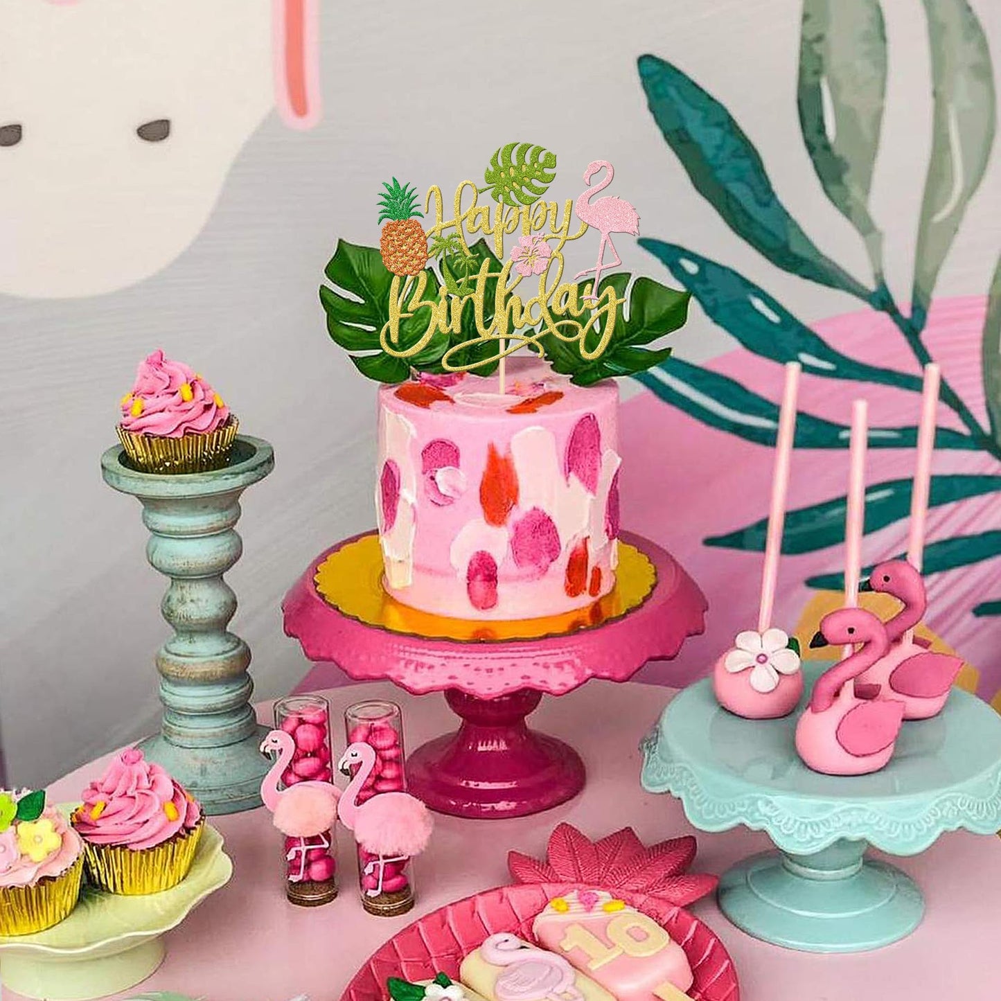 1 Pcs Tropical Luau Happy Birthday Cake Topper Glitter Flower Palm Tree Flamingo Turtle Leaf Pineapple Aloha Cake Pick For Summer Beach Hawaii Luau Theme Birthday Party Cake Decorations Supplies