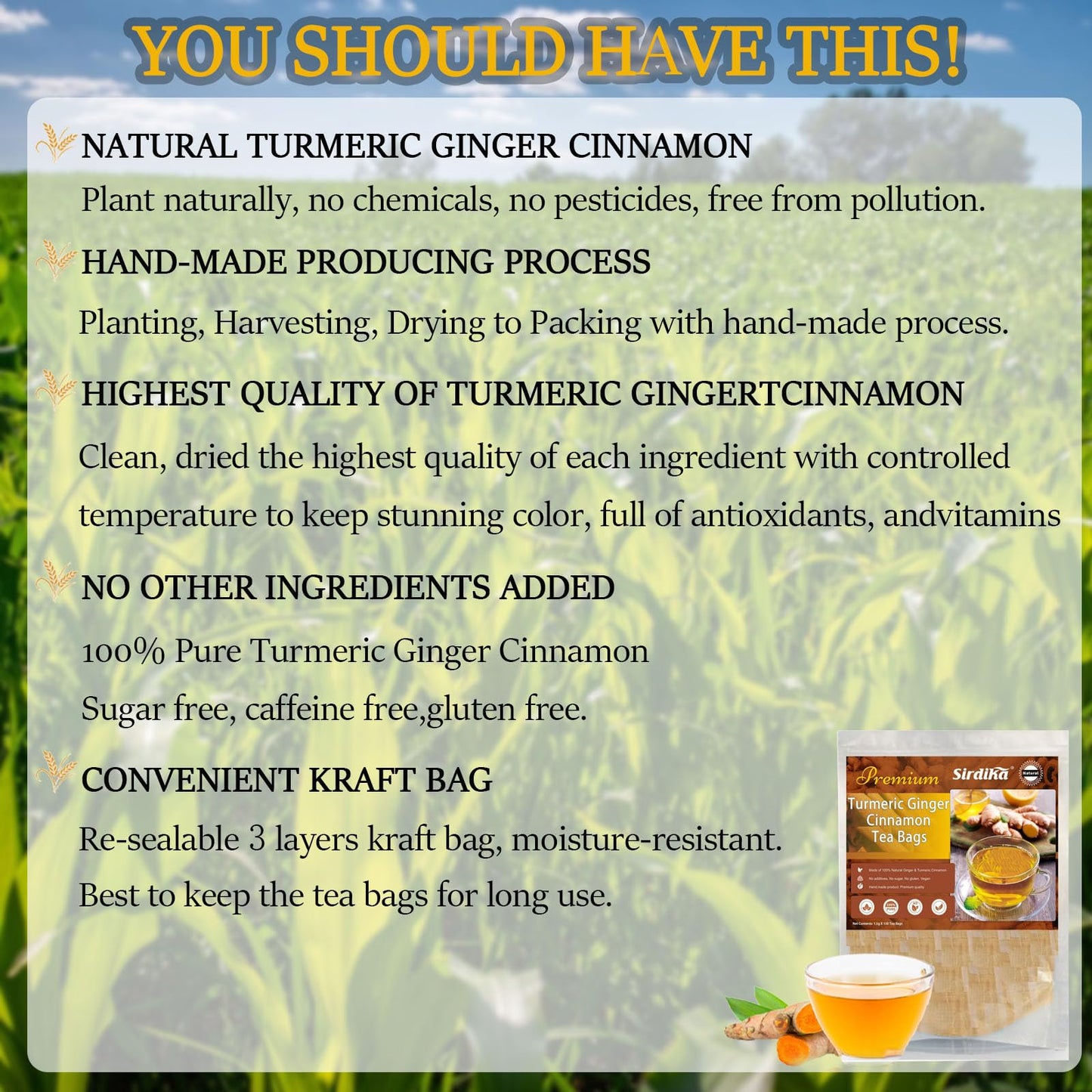 XICOFISS Organic Turmeric Ginger Cinnamon Tea Bags, 100% Natural, Vegan, Antioxidant-Rich, No Sugar, 150 Count
