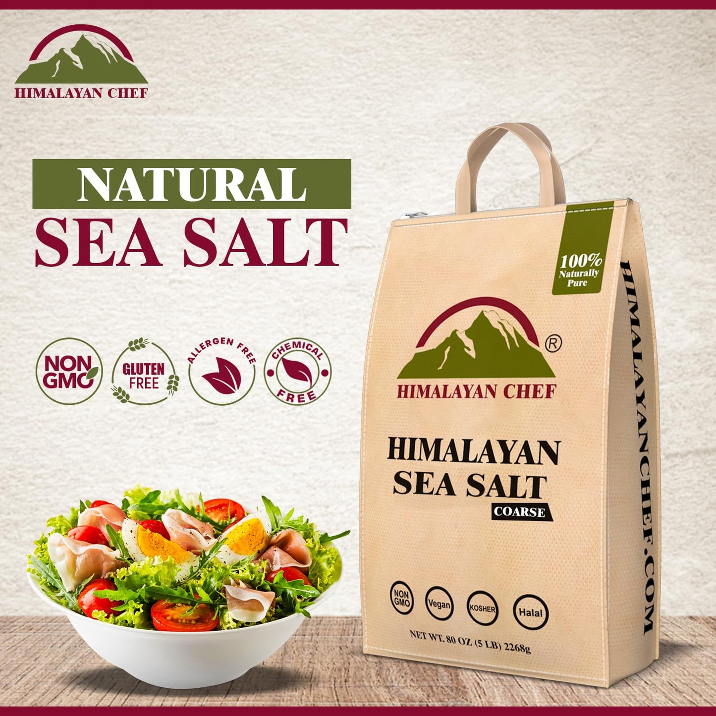 Himalayan Chef Sea Salt Coarse Grain, Natural, Kosher, Non-GMO, 80 Ounce