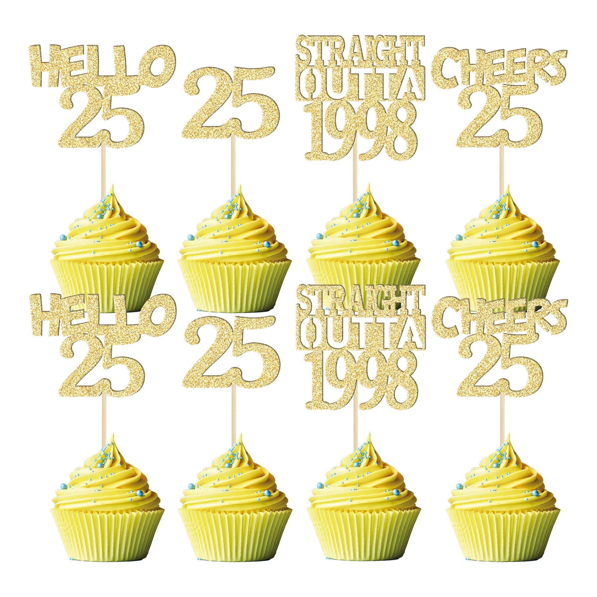 Gyufise 24Pcs Happy 25Th Cupcake Toppers Glitter Twenty-Five Straight Outta 1998 Cupcake Picks Cheers To 25 Years Birthday Cake
