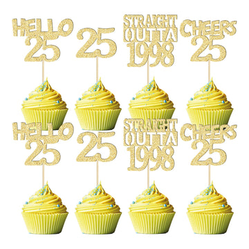 Gyufise 24Pcs Happy 25Th Cupcake Toppers Glitter Twenty-Five Straight Outta 1998 Cupcake Picks Cheers To 25 Years Birthday Cake