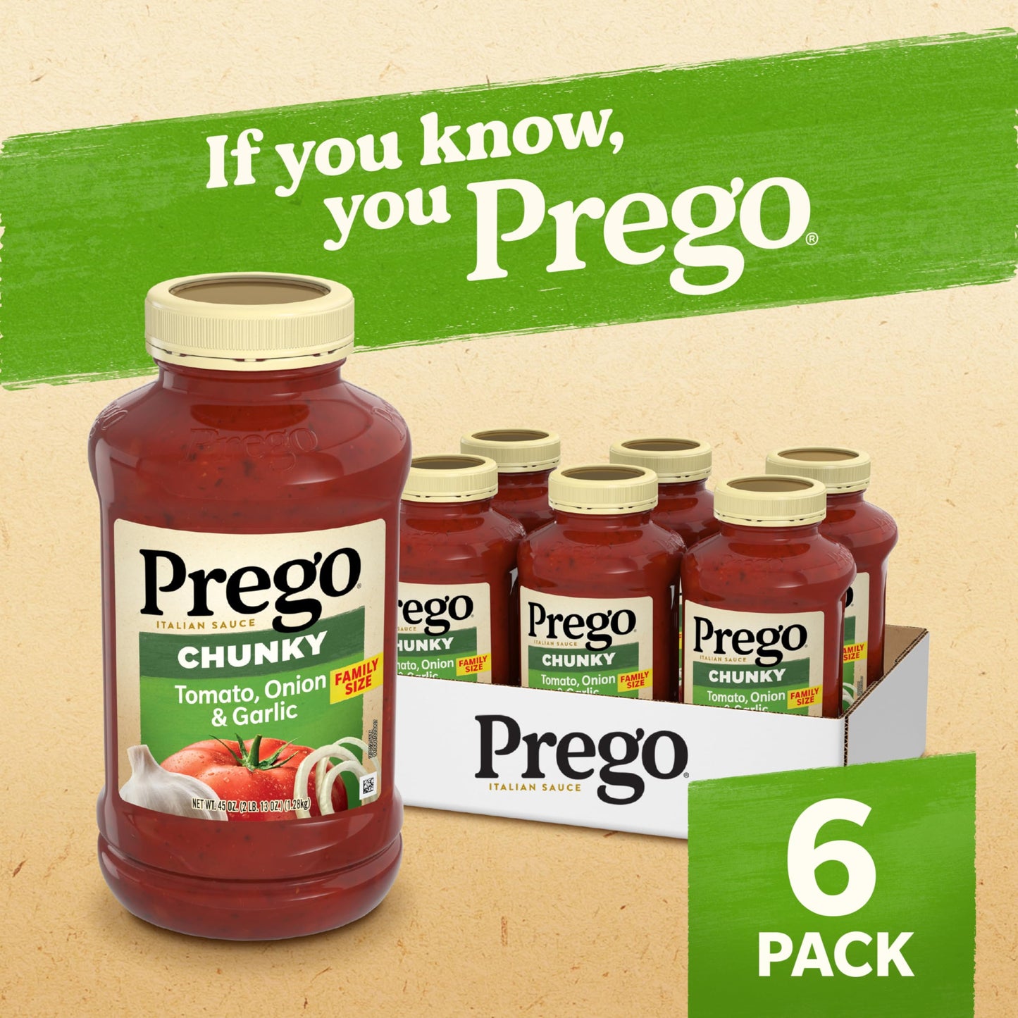 Prego Chunky Tomato with Garlic and Onion Pasta Sauce, 45 Oz Jar (Case of 6)