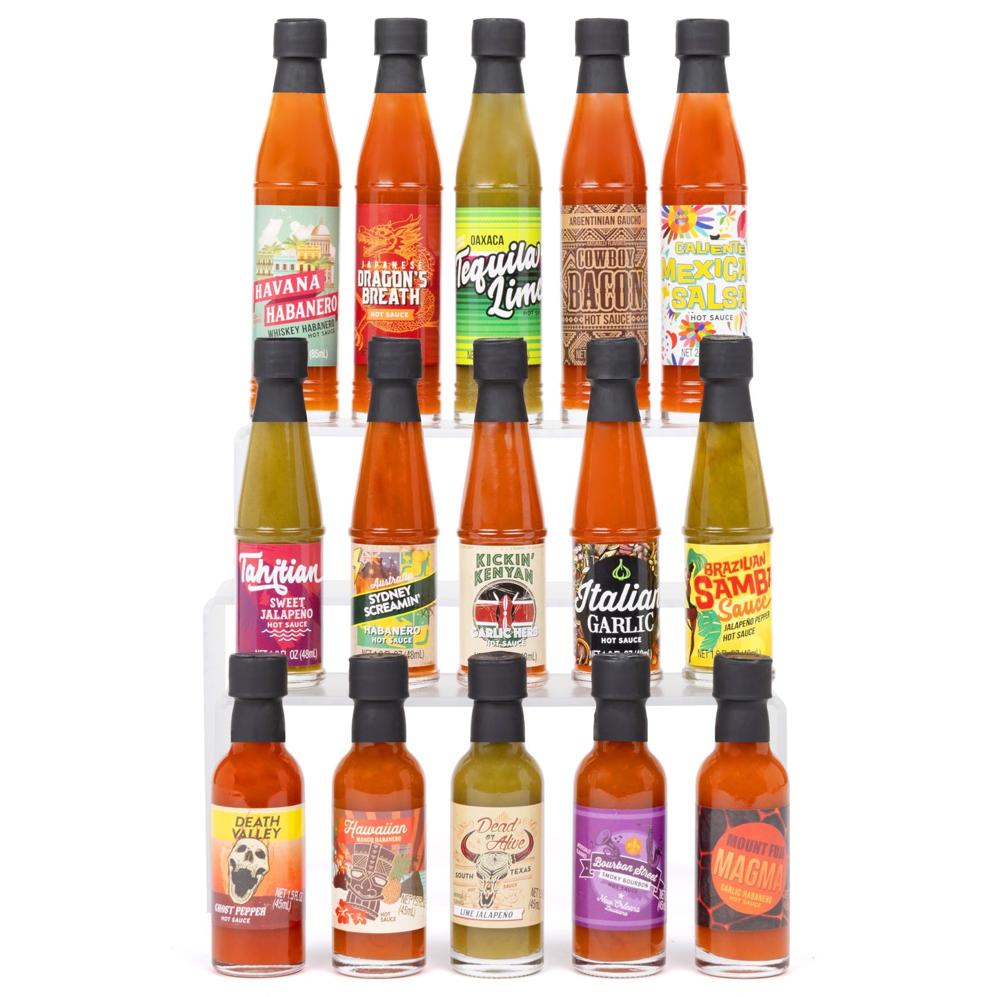 Thoughtfully Gourmet World Traveler Suitcase Hot Sauce Gift Set, Vegan, 15 Pack of 3 Fl Oz Bottles