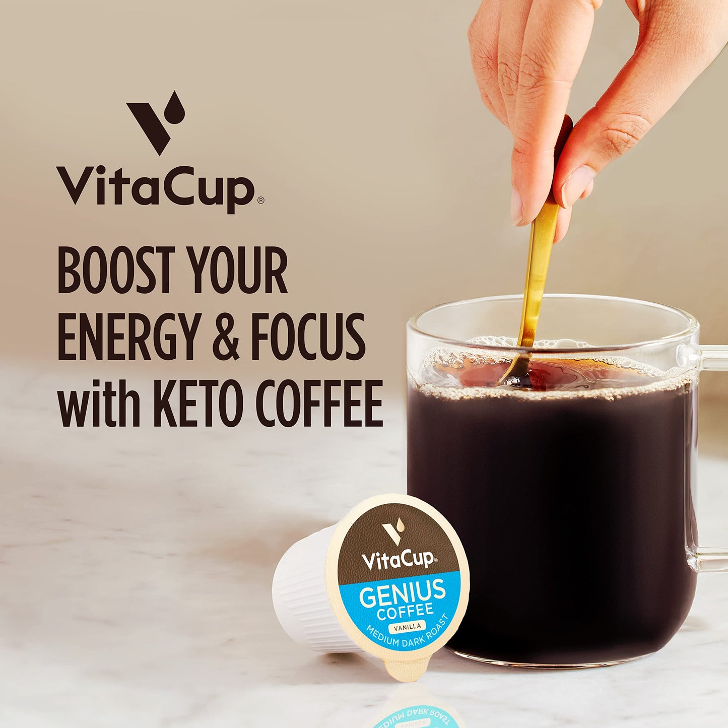 VitaCup Genius Vanilla Keto Coffee Pods with MCT Oil, B Vitamins & D3, 64 Count, Compatible with K-Cup malt-inspired