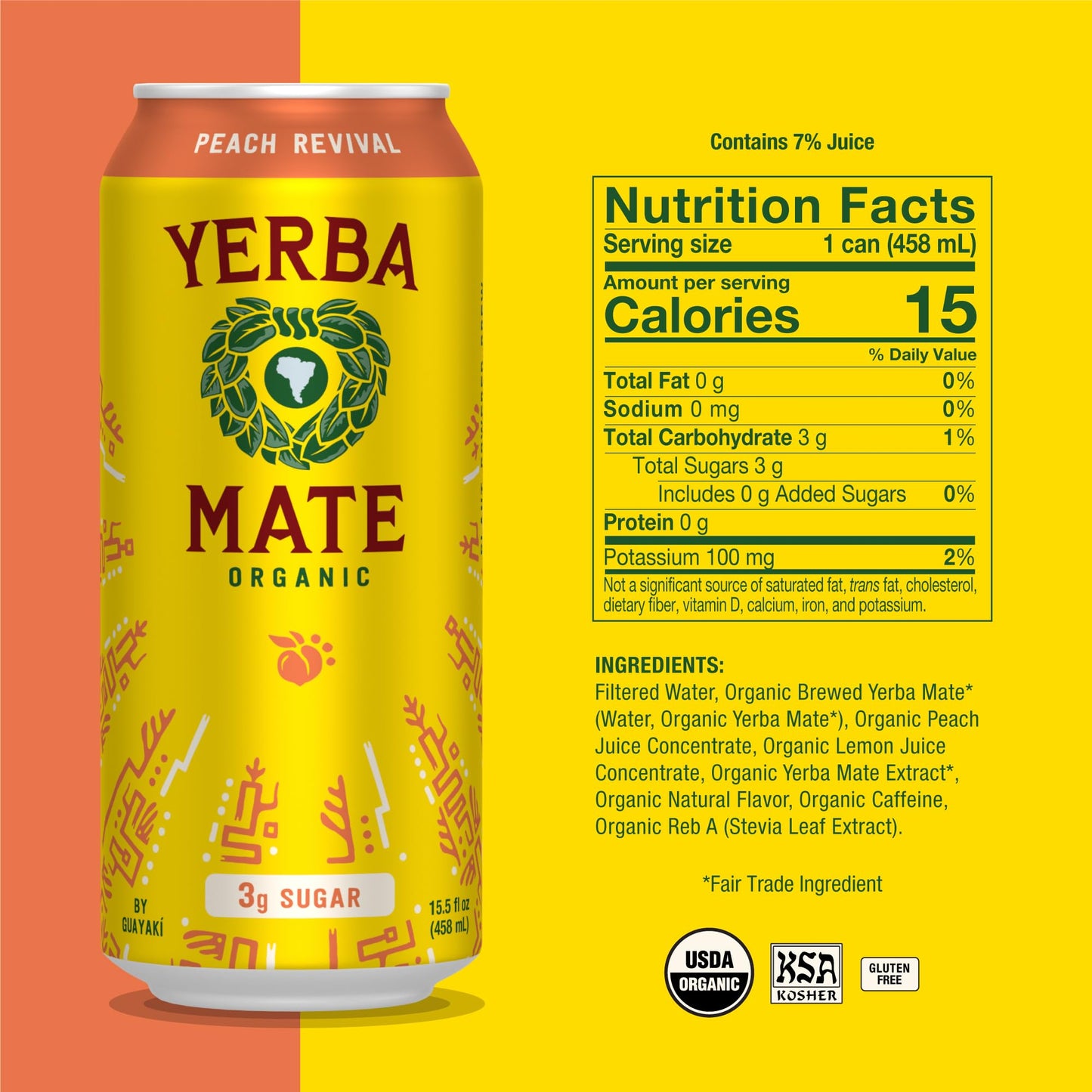 Guayaki Yerba Mate Energy Drink Alternative, Peach Revival, Low Sugar, 15.5 Fl Oz (Pack of 12)