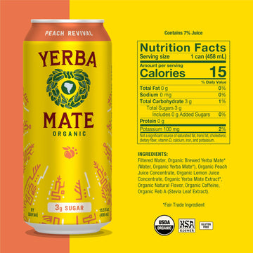 Guayaki Yerba Mate Energy Drink Alternative, Peach Revival, Low Sugar, 15.5 Fl Oz (Pack of 12)