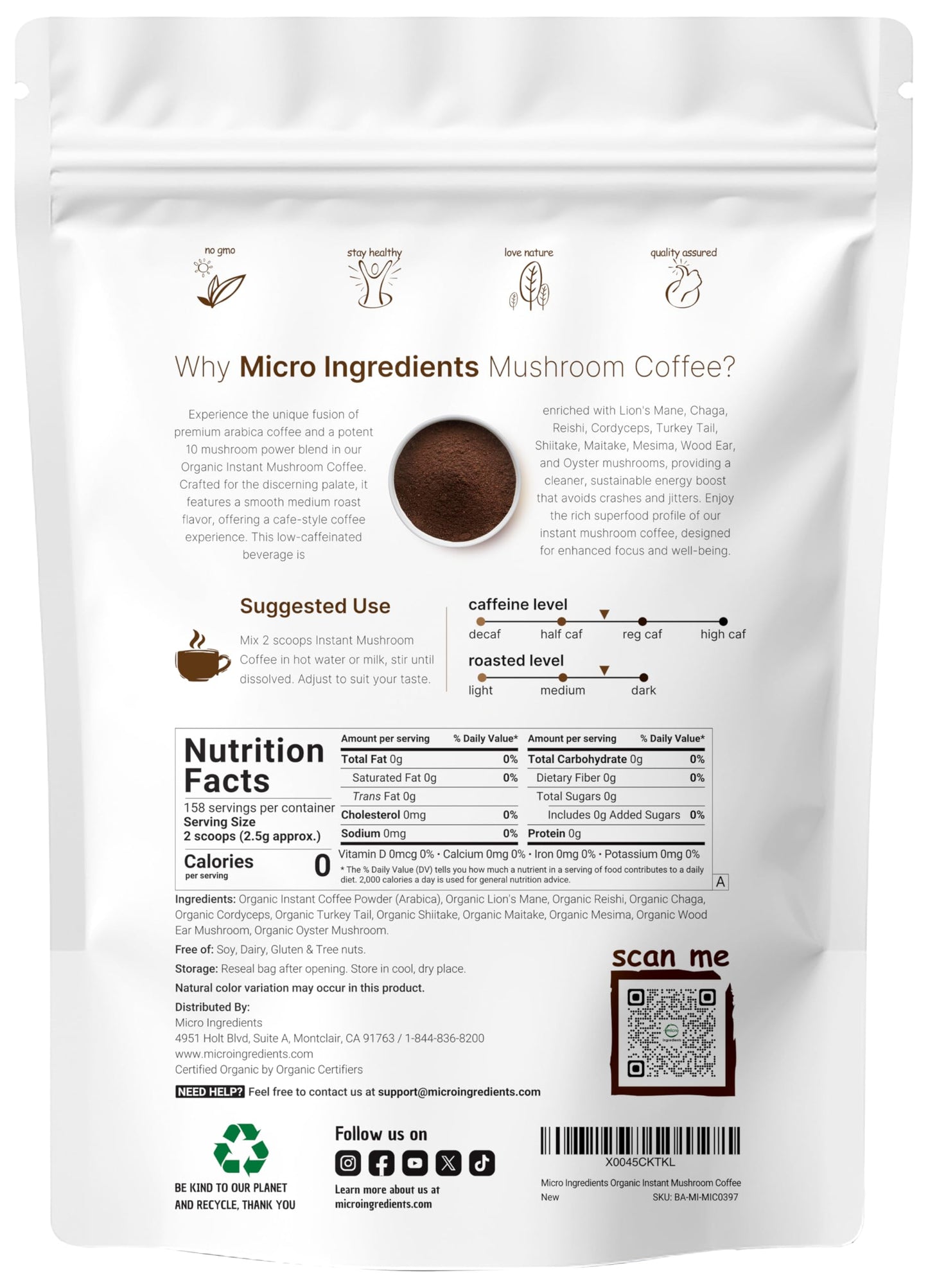 Micro Ingredients Organic Instant Mushroom Coffee Powder, 14 Ounce (158 Servings) - Premium Arabica with Lion’s Mane, Chaga, Reishi