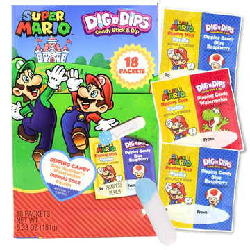 Super Mario Dig N Dips Box, Birthday Party Favor Kit with To/From Sections, 18 Count