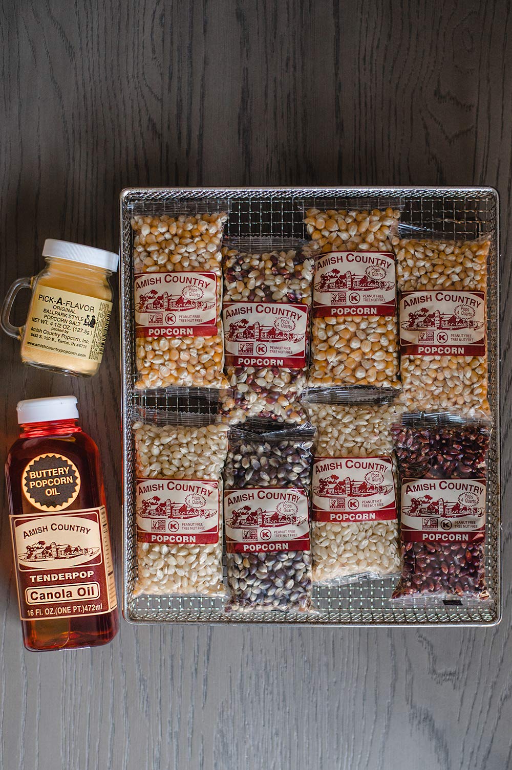 Amish Country Popcorn | 8-4 oz Bags | Stovetop Popping Sampler Pack with Canola Oil - 16 oz and BallPark ButterSalt - 4.5 oz | O
