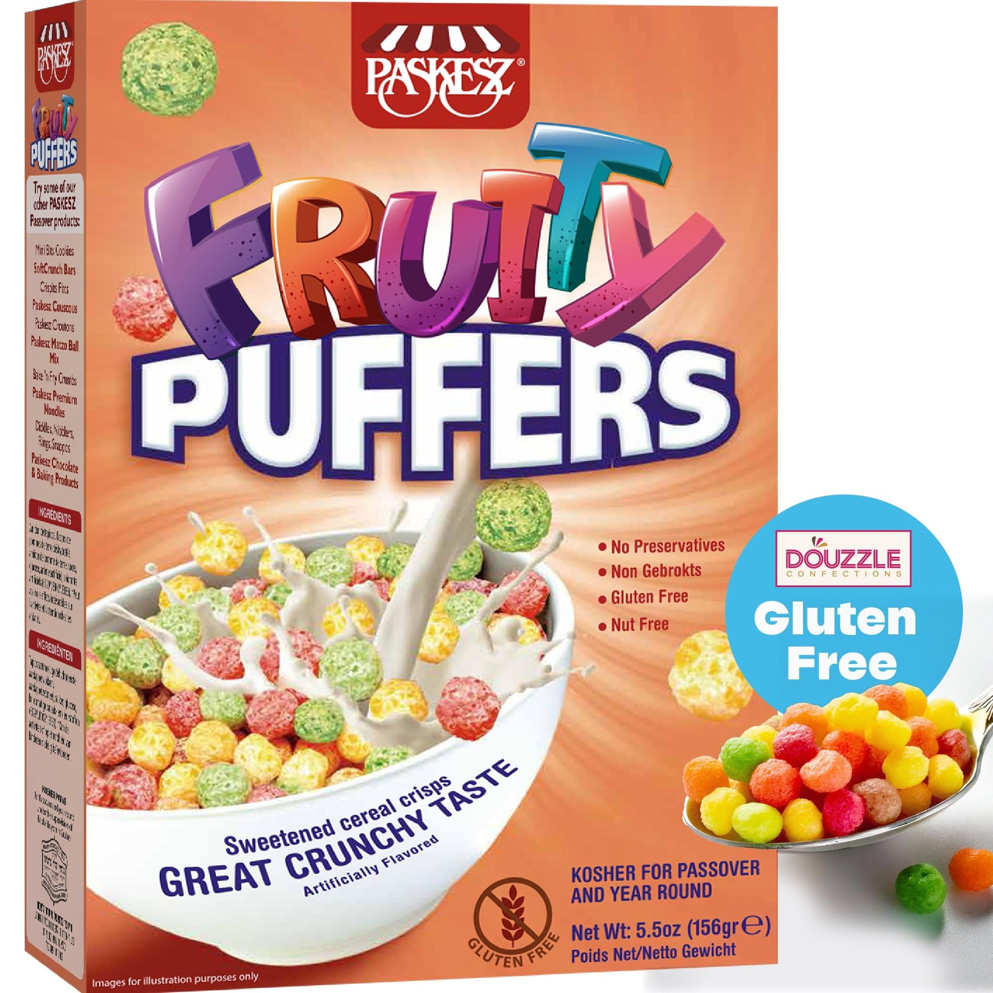 DOUzzle Gluten Free Fruity Puffers Breakfast Cereal, Sweetened Cereal Crisps (Pack of 1) Non Gebrokts Kosher for Passover Food S