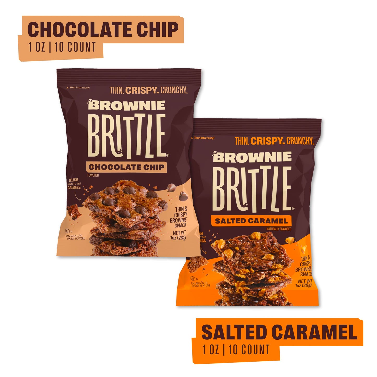 Brownie Brittle - Chocolate Chip & Salted Caramel Thin And Crispy Sweet Snacks (Pack Of 20, 1 Oz), Rich Gourmet Brownie Bites De