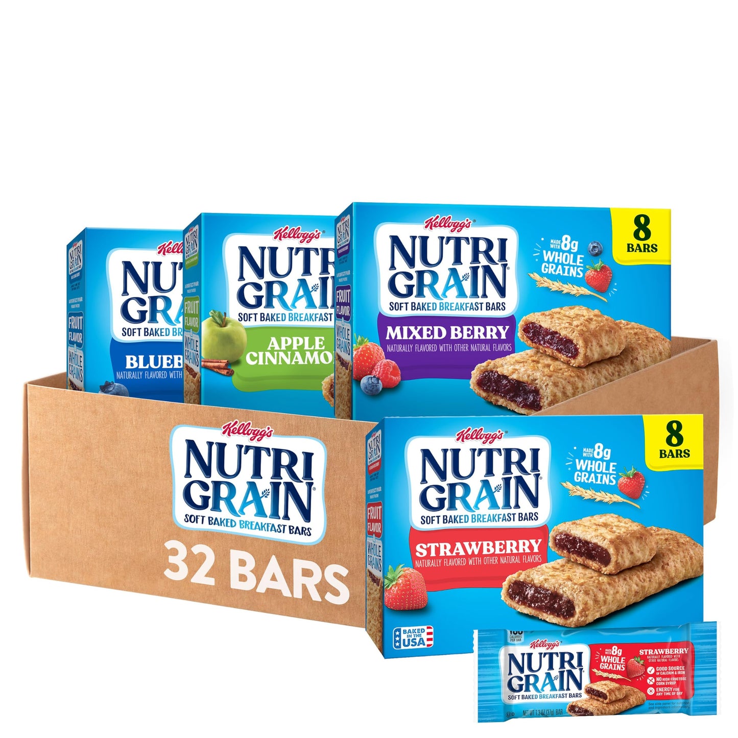 Nutri-Grain Soft Baked Breakfast Bars, Kids Snacks, Whole Grain, Variety Pack (4 Boxes, 32 Bars)