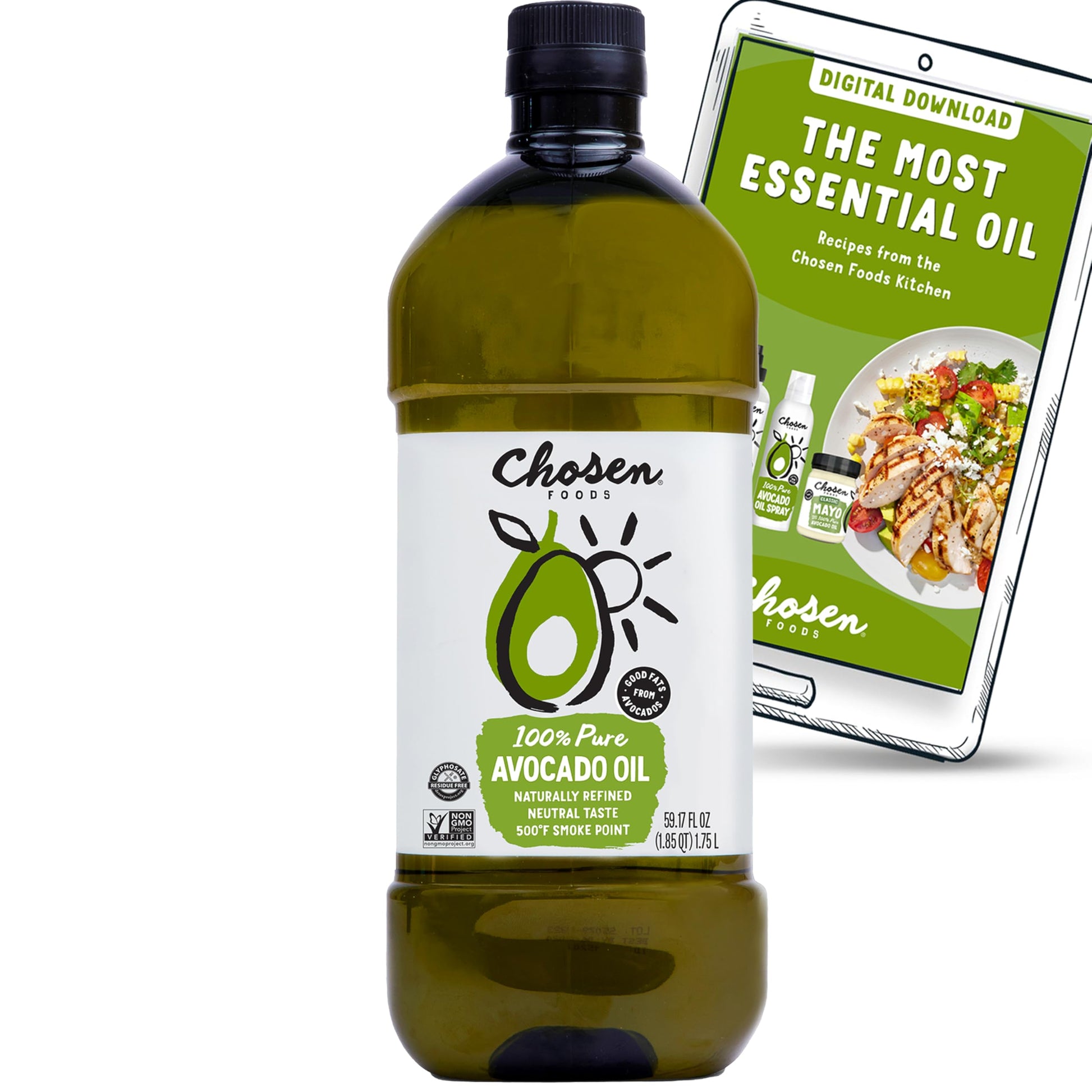 Chosen Foods 100% Pure Avocado Oil for Cooking - 1.75L with Recipe eBook Bundle - Made With Good Fats from Avocados  Naturally Refined  Never mature-themederated  High Smoke Point  Non-GMO  Soy-Free  Canola Oil-Free  Gluten-Free  Keto